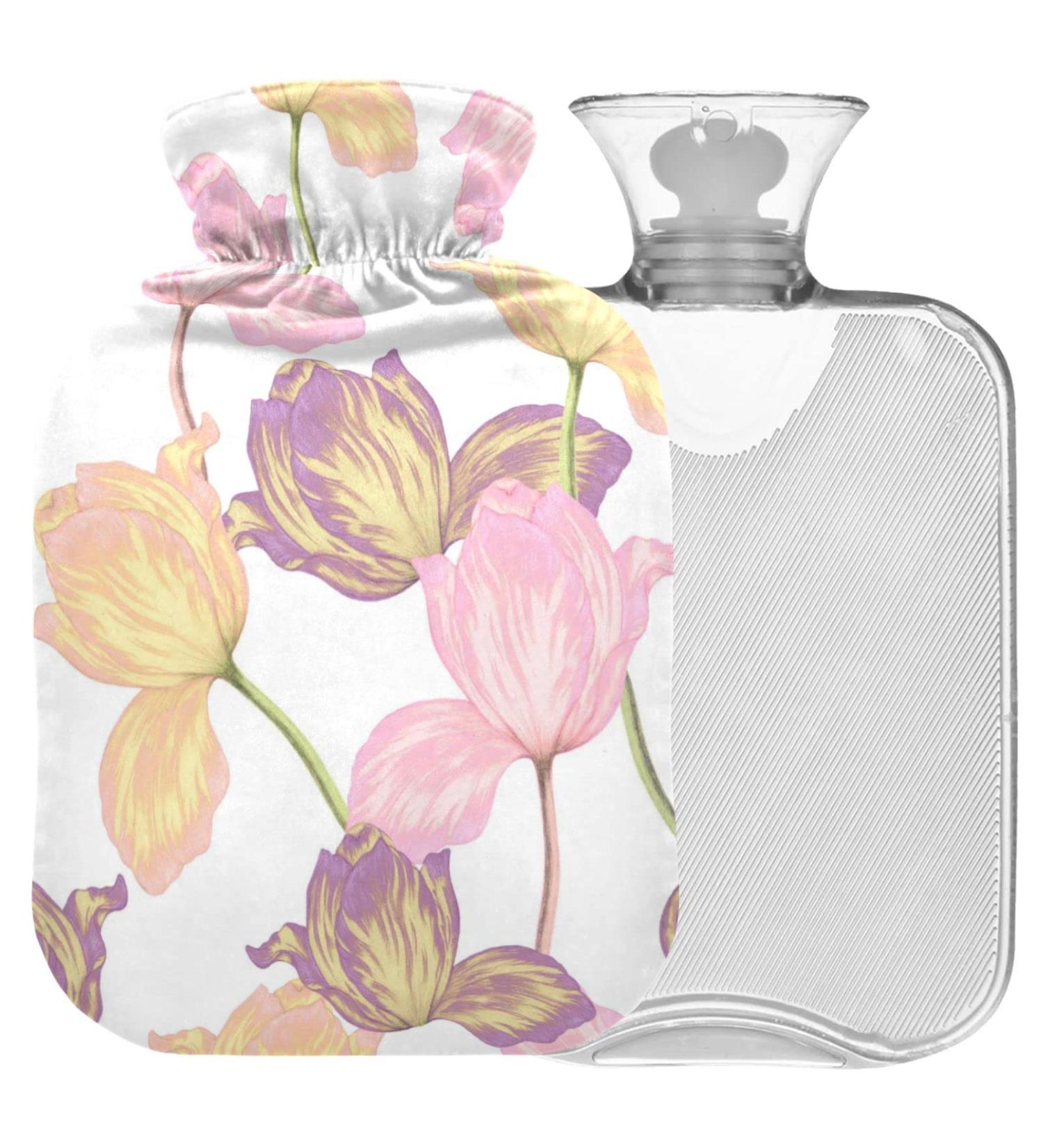 NAANLE 2L Hot Water Bottle with Cover - Watercolor Tulip Flower Pattern for Pain Relief & Heat Therapy - Buy Online on GoSupps.com