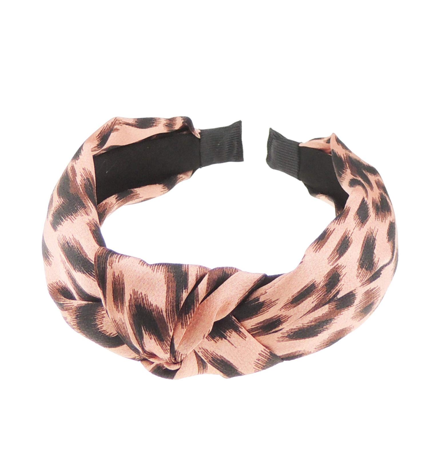 Womens Girls Knotted Top Knot Twisted Velvet Turban Chiffon Fabric Winter Wedding Formal Dance Christmas Party Birthday Headband Hair Alice Band Animal Cheetah Cat Leopard Print (Pink Leopard)