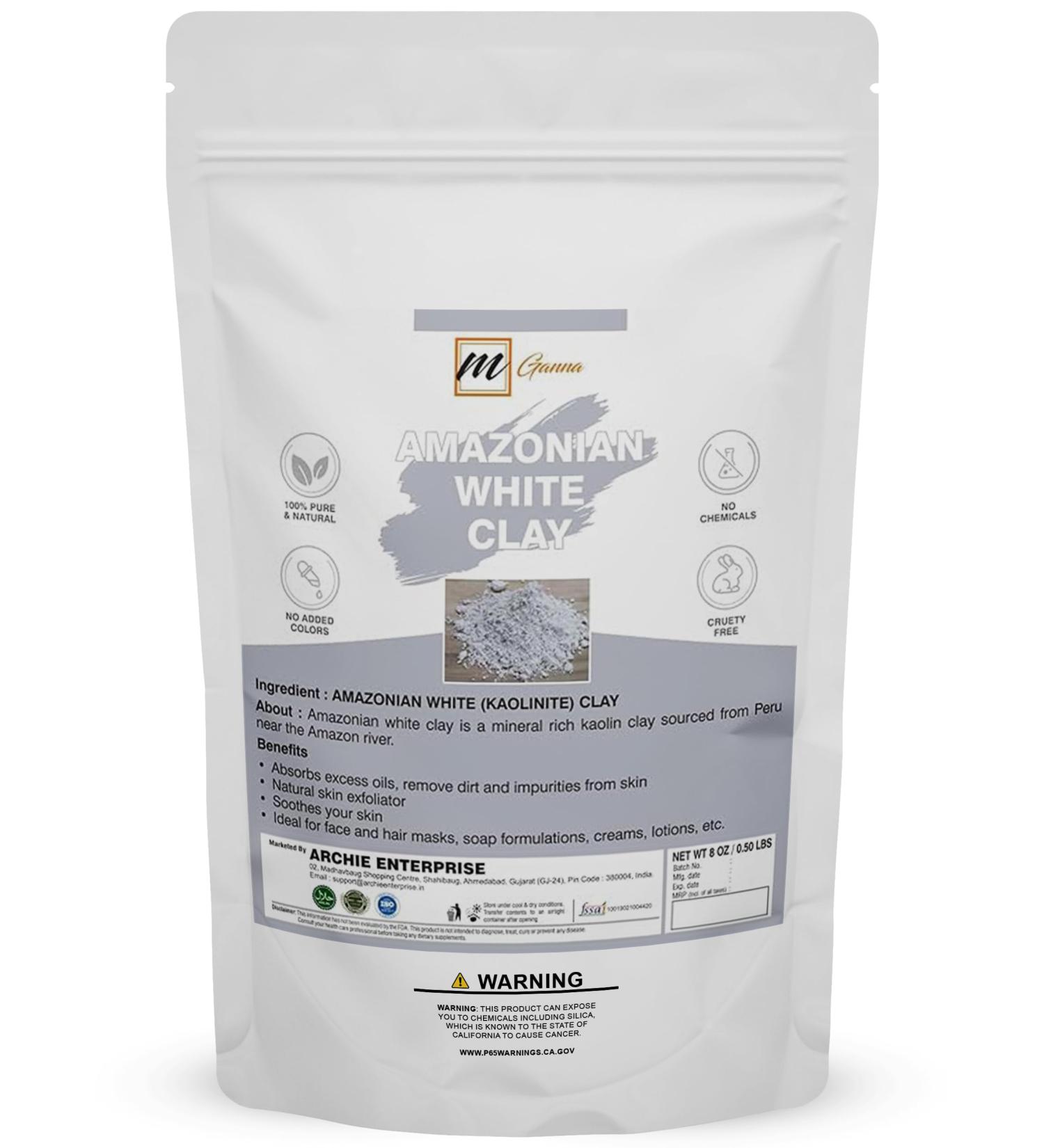 100% Natural Amazonian White (Kaolin) Clay Powder for Face Mask Cream and Soap Making 0.5 LBS / 227 GMS