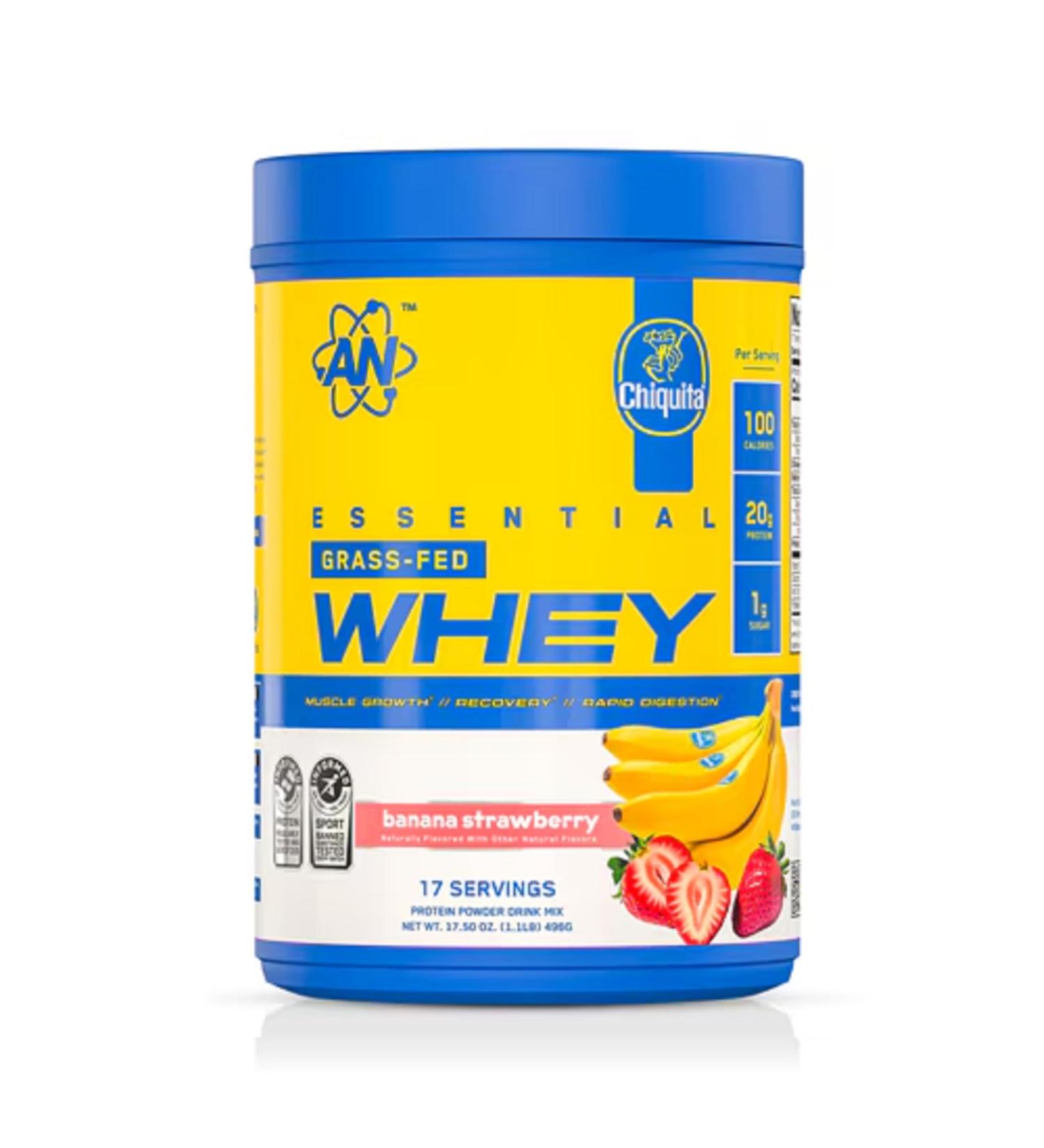 an Supps Essential Grass Fed Whey Protein Powder | 20g Protein 500mg Potassium 1g Sugar | Recovery Muscle Growth Rapid Digestion | Gluten Free | 17 Servings | Chiquita Banana Strawberry