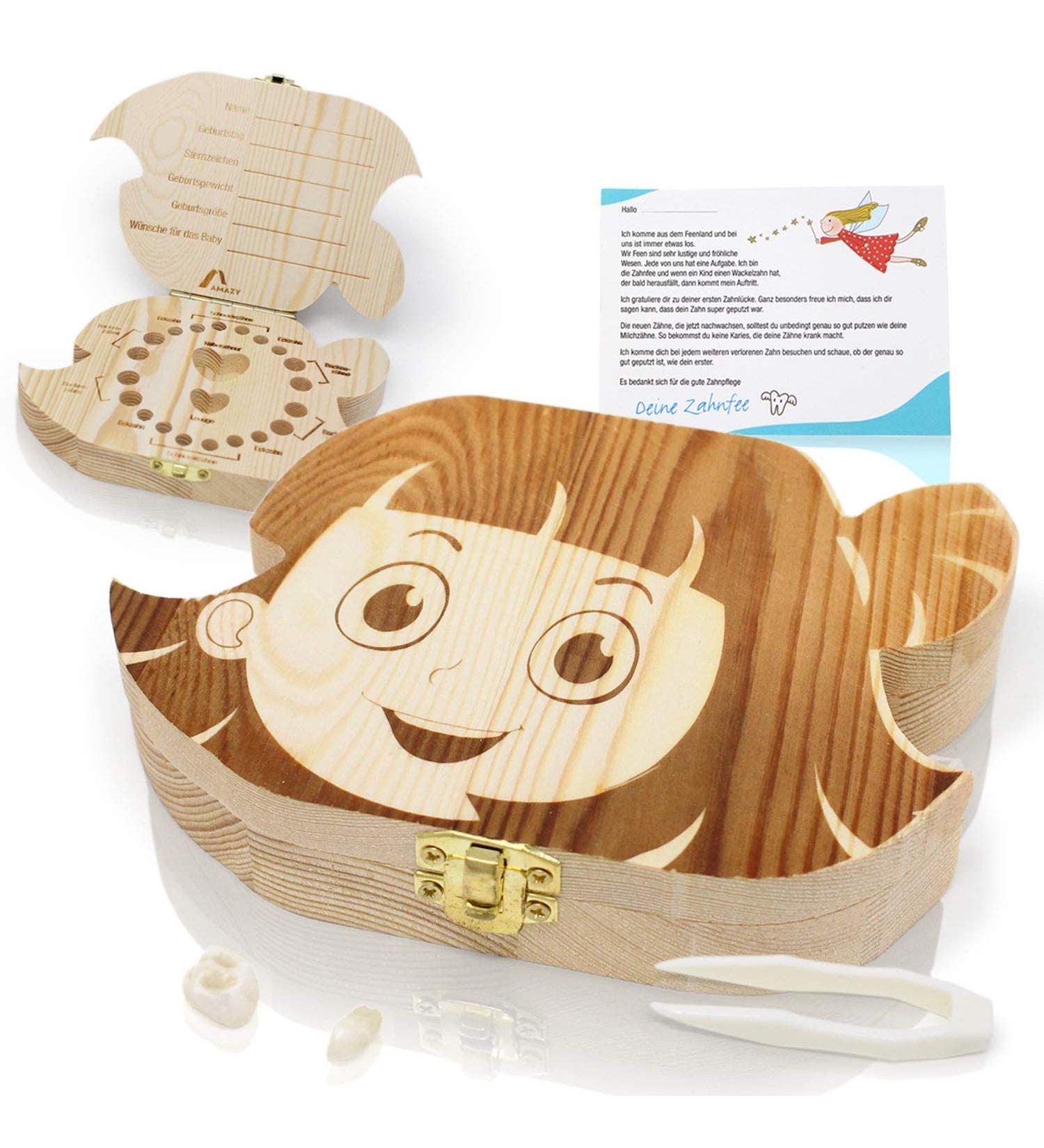 Cute Wooden Milk Toothbox Set with Tweezers and Toothpick | Large Size for Girls | Keep Milk Teeth, Fluff, and Umbilical Cord Safe - Buy Online on GoSupps.com
