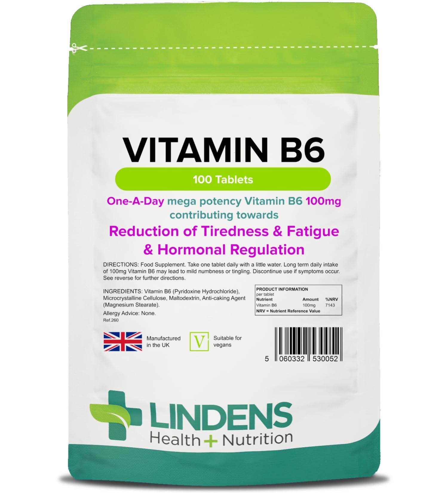 Lindens - Vitamin B6 100mg Tablets - 100 Pack - Ultra-Potent 7000% Nrv Contributes to Healthy Metabolism Reduction of Tiredness Normal Immune & Nervous System Function - UK Made Letterbox Friendly - Buy Online on GoSupps.com