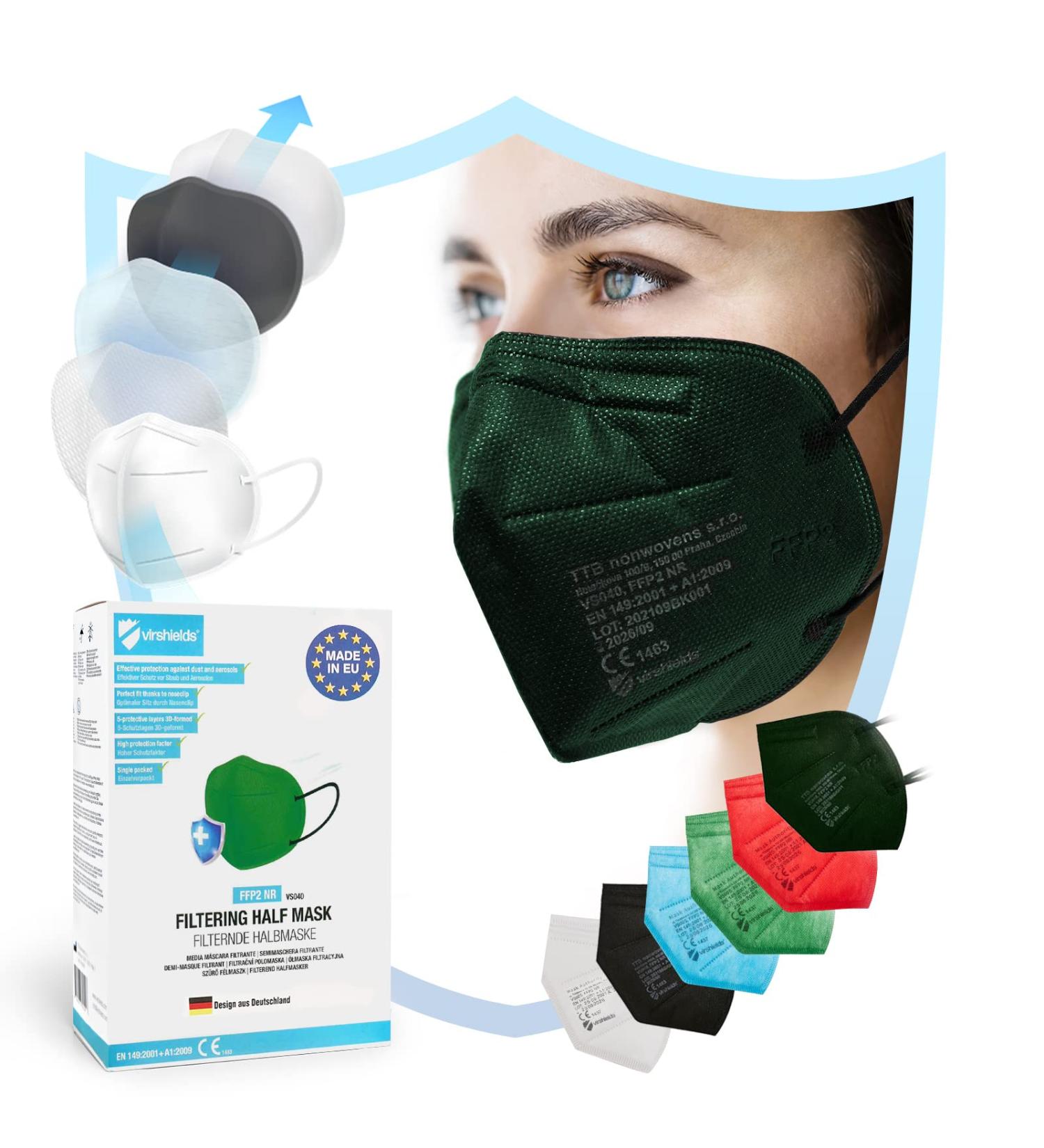 Virshields FFP2 Mundsprung Mask - 5 Layers PFE 94% VFE 99.99% EN 149 Certified Dark Green - 1000 Pack Protective Breathing Half Mask | International Shipping Available - Buy Online on GoSupps.com