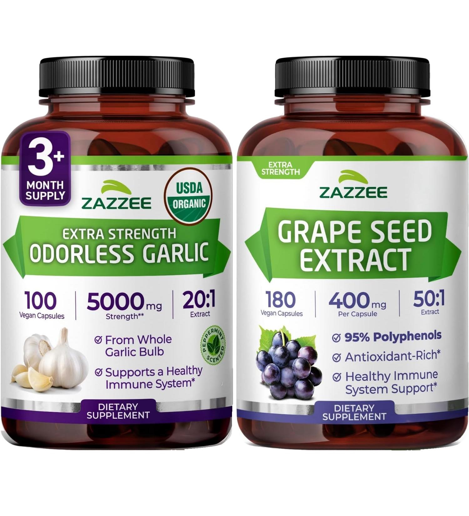 Zazzee Herbal Cardio Support Bundle | 50:1 Grape Seed Extract Capsules Plus USDA Organic Garlic Capsules | Non-GMO Vegan & ISO Lab Tested - Buy Online on GoSupps.com