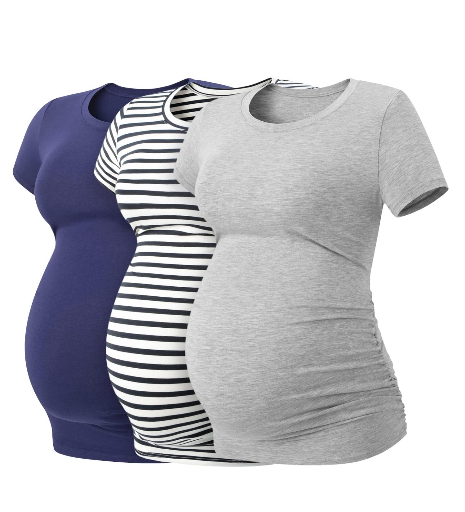 LAPASA Maternity Tops- Soft Modal Cotton Pregnancy Tshirts in Navy Blue, Navy Stripe, and Heather Gray - Buy Online on GoSupps.com