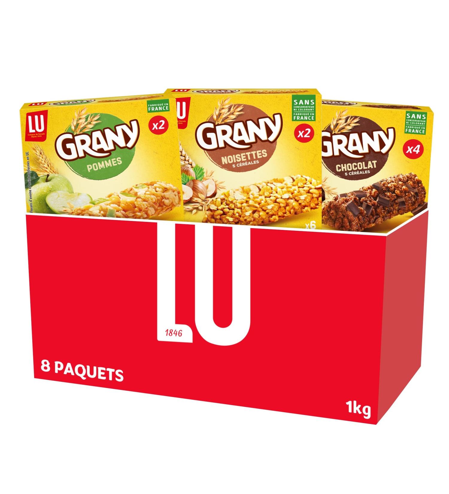 LU - La Bo te Grany - Assortiment de Barres C r ales pour Petit D jeuner ou Go ter - 8 Paquets soit 48 Barres - 4 x Grany Chocolat - 2 x Grany Pommes - 2 x Grany Brut Noisettes - Lot de 1 00kg Pommes Noisettes Chocolat Petit Format - Buy Online on GoSupps.com