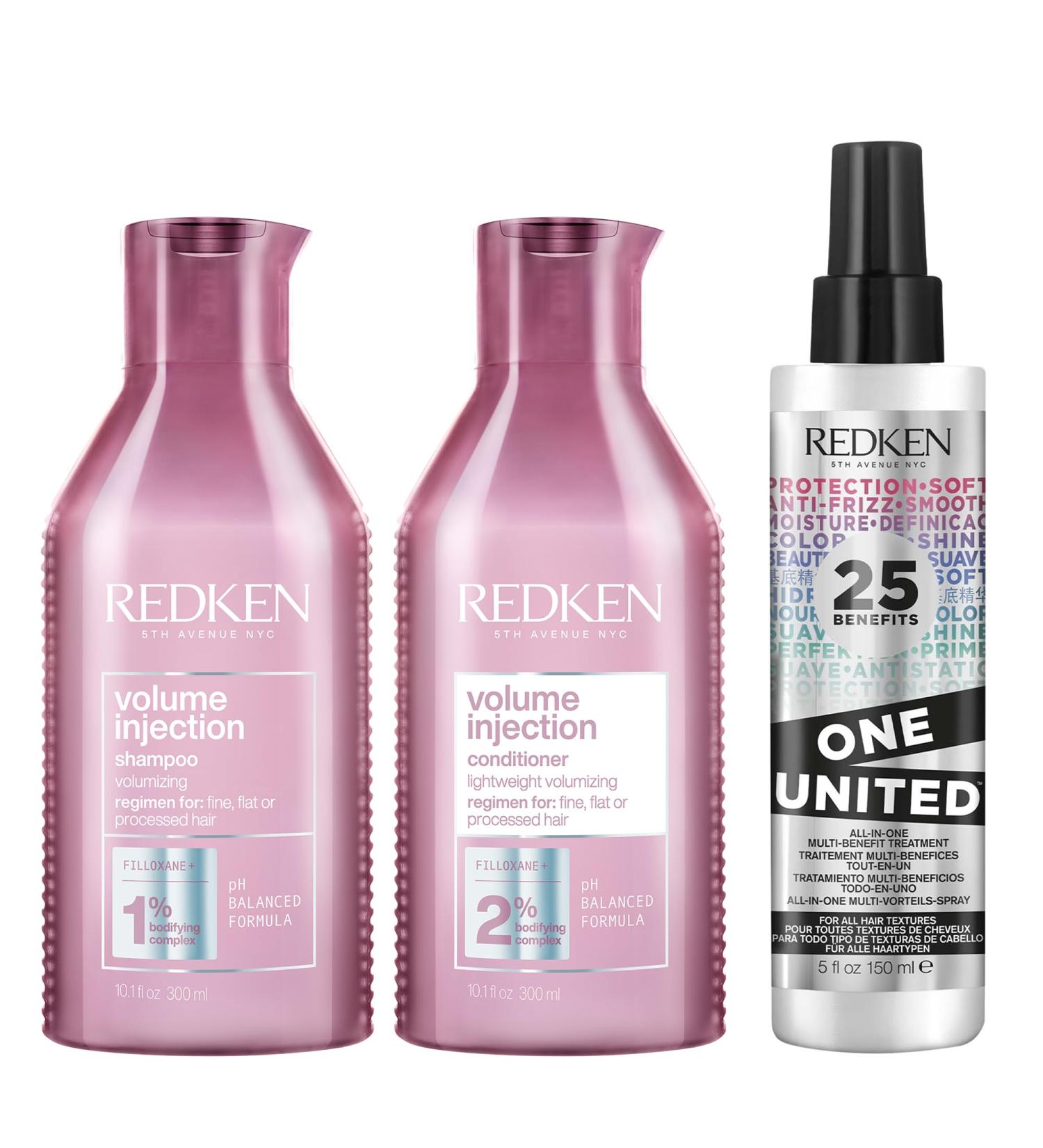 Redken Routine For Fine and Lifeless Hair Set of Shampoo Conditioner & LeaveIn Restores Hair and Gives Volume With Filloxane and Softening Polymers Volume Injection & One United - Buy Online on GoSupps.com