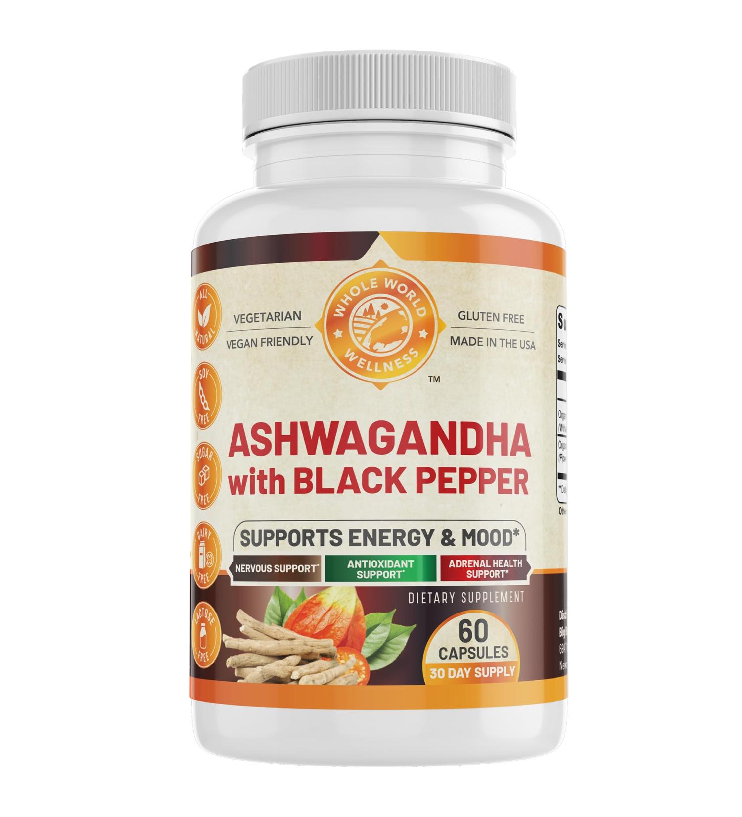 WHOLE WORLD WELLNESS Organic Ashwagandha with Black Pepper | Supports Energy Balance, Mood and Relaxation | Vegan, Gluten-Free, Non-GMO, All Natural | 60 Capsules | Made in The USA. - Buy Online on GoSupps.com