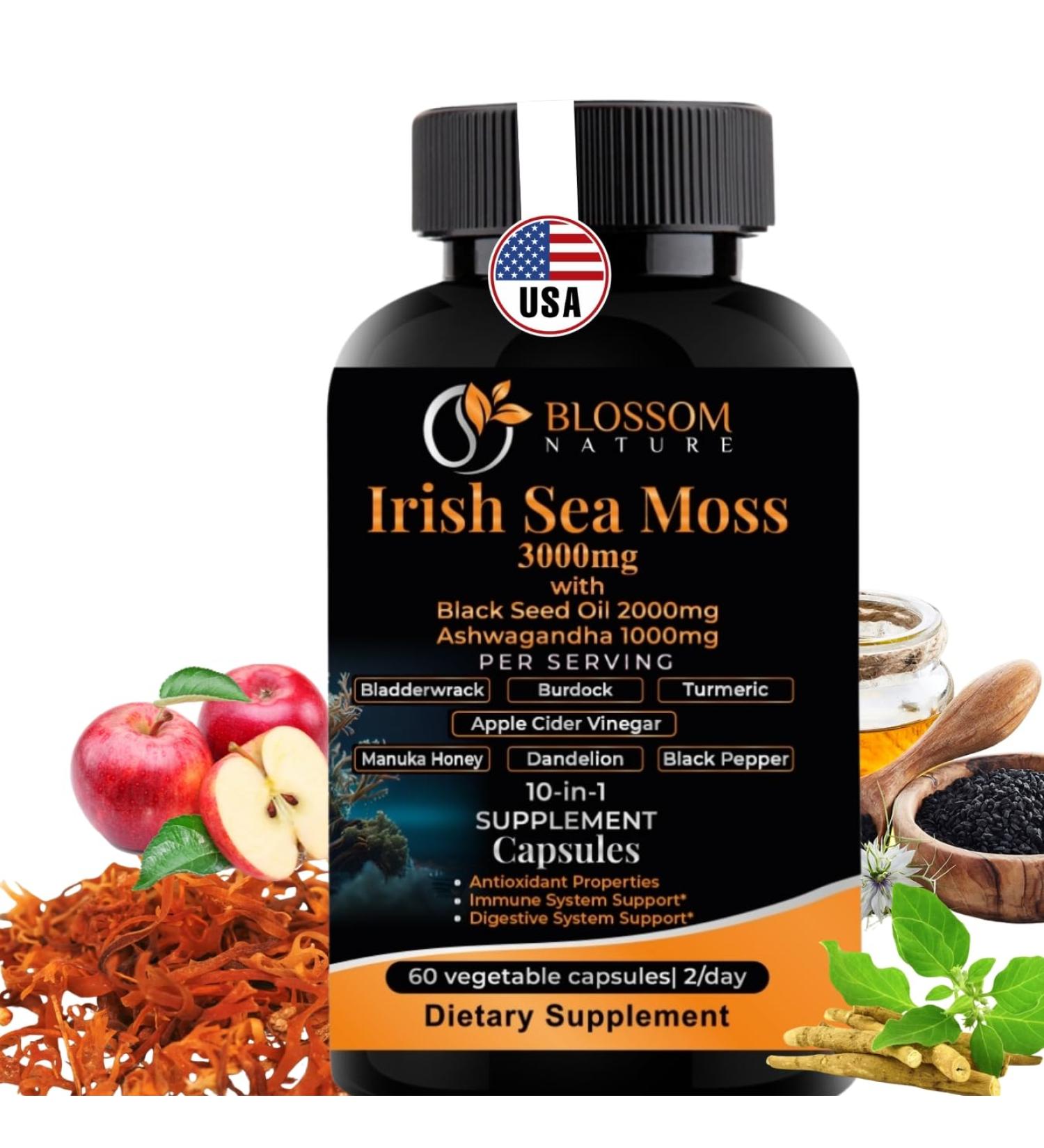 10-in-1 Irish Sea Moss Veggie Caps 3000mg Black Seed Oil Ashwagandha Bladderwrack Burdock Turmeric Apple Cider Vinegar Manuka Honey Dandelion Black Pepper - Made in US(Veggie Caps Unflavored) Capsules - Buy Online on GoSupps.com