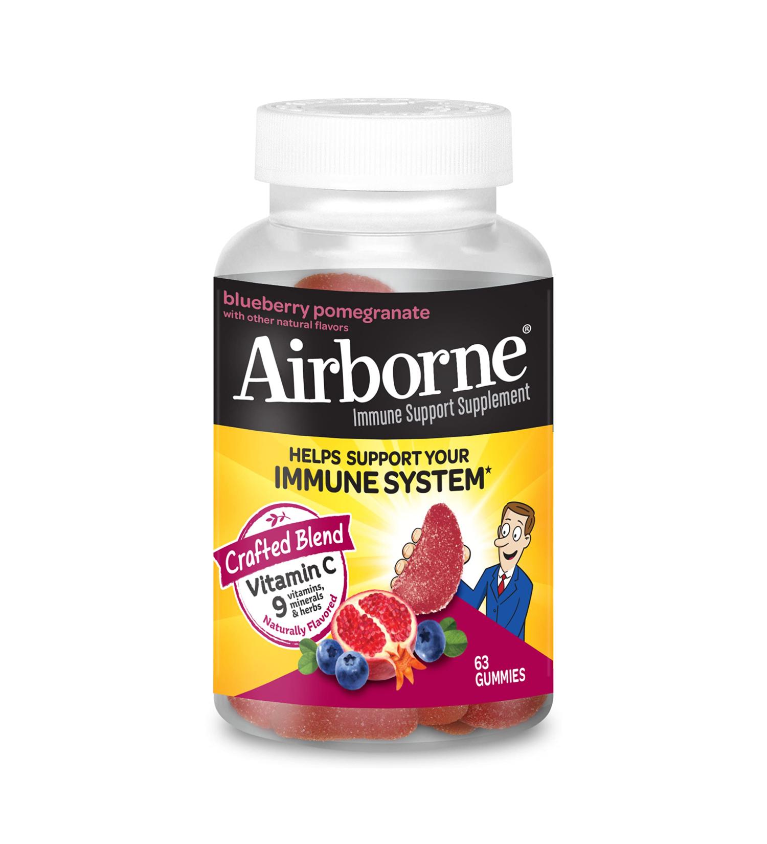 Airborne 750mg Vitamin C Gummies For Adults Immune Support Supplement with Powerful Antioxidants Vitamins A C & E - 63 Gummies Blueberry Pomegranate Flavor 63 Count (Pack of 1) - Buy Online on GoSupps.com