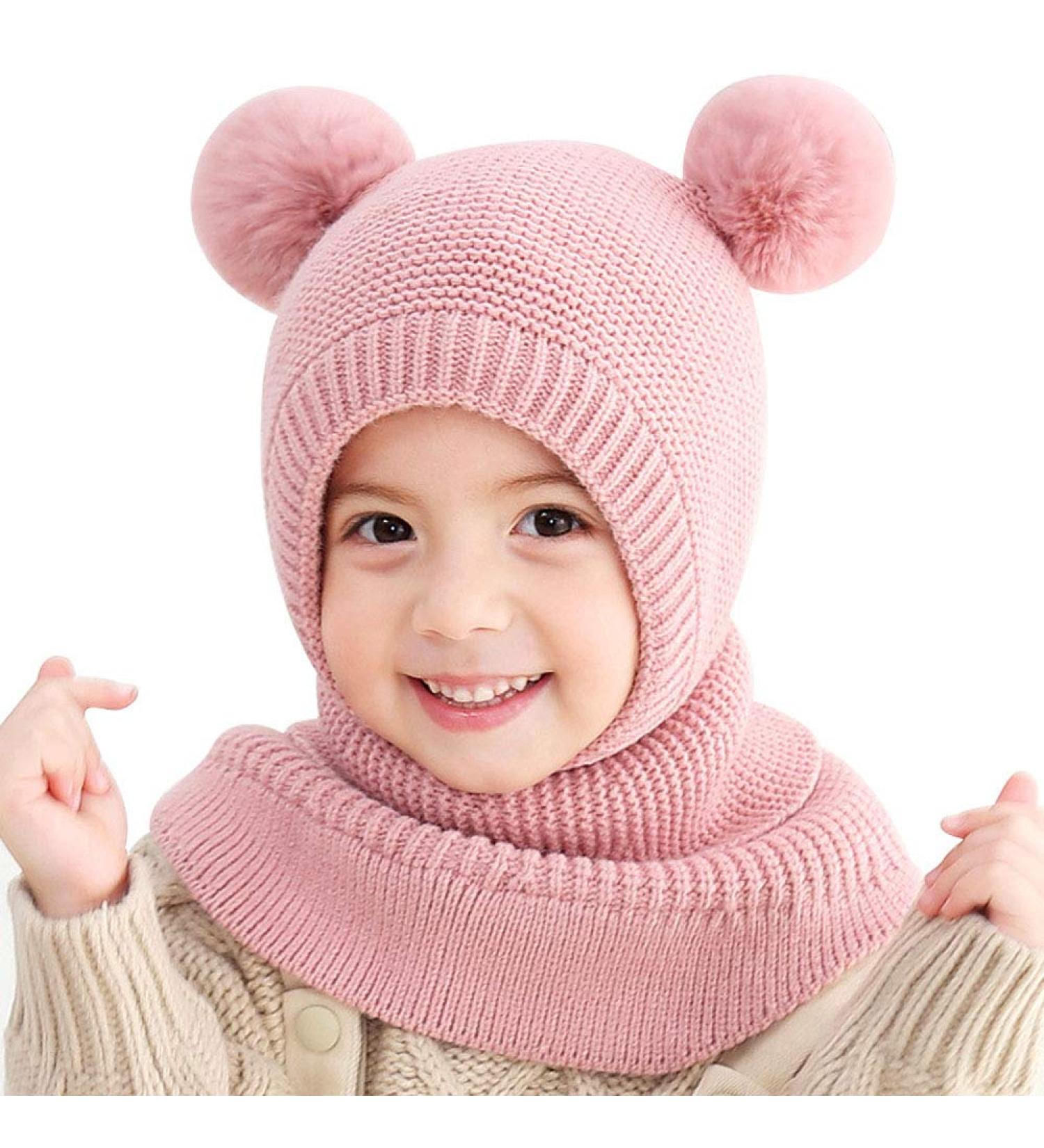 FUYAO Toddler Girls Winter Warm Fleece Hat Scarf with Double Pom Pom, Pink, 1-5 Years - Buy Online on GoSupps.com