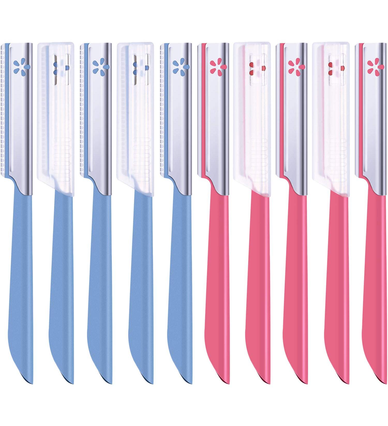 10-Piece Eyebrow Razor Set for Women - Facial Shaver & Brow Shaper Trimmer Dermaplaner Tool with Cover in Pink & Blue - Buy Online on GoSupps.com