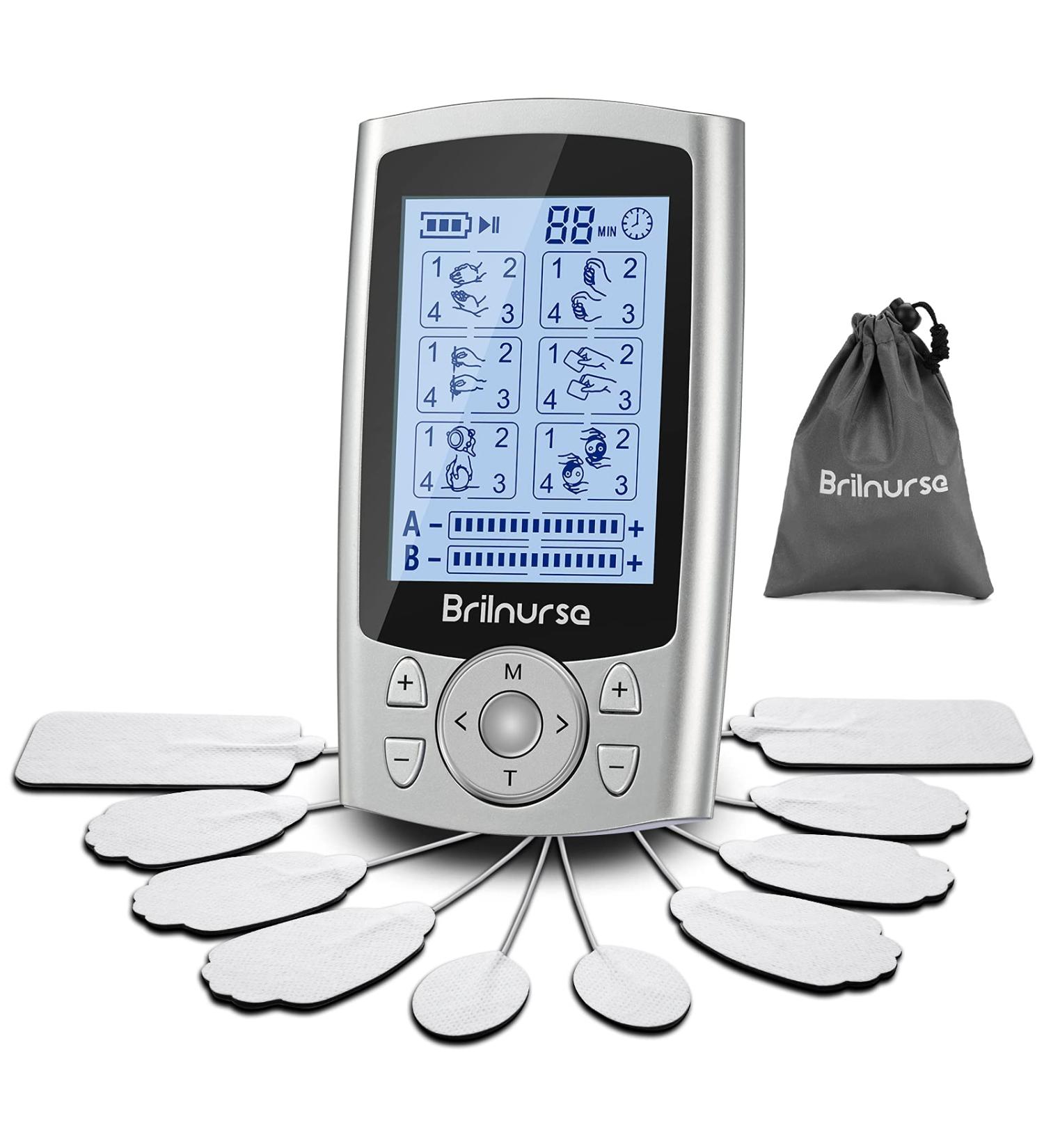 Brilnurse Dual Channel TENS EMS Unit | 24 Modes Muscle Stimulator for Pain Relief | Rechargeable Mini TENS Machine with 10 Pads and Accessories - Buy Online on GoSupps.com