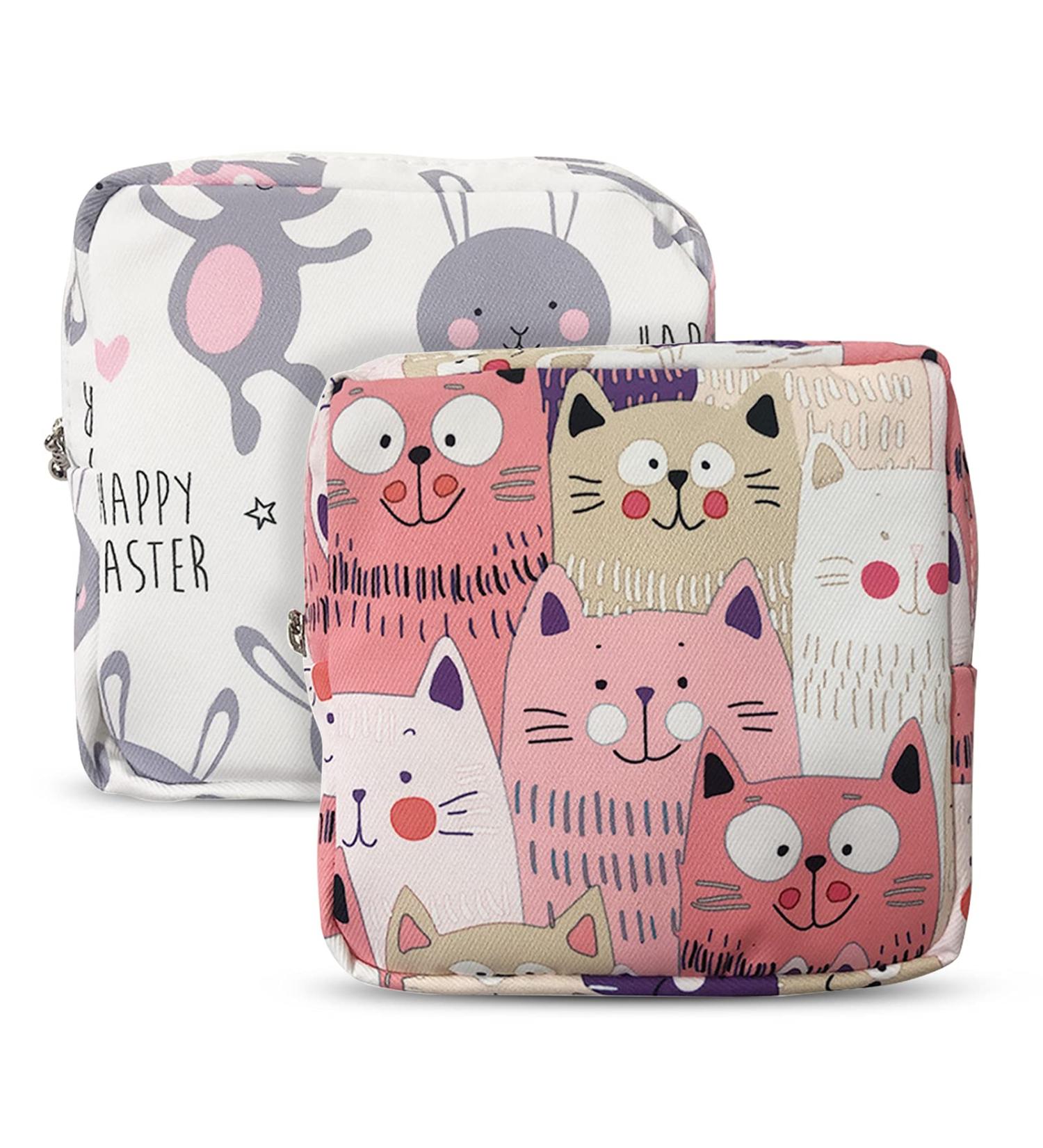 Xueny Sanitary Napkin Storage Bag 2 Pack - Cat Design - Gray & Pink - 5x5 Inch - Zipper Closure - Perfect for Girls, Women, Ladies - First Period Bag - Buy Online on GoSupps.com