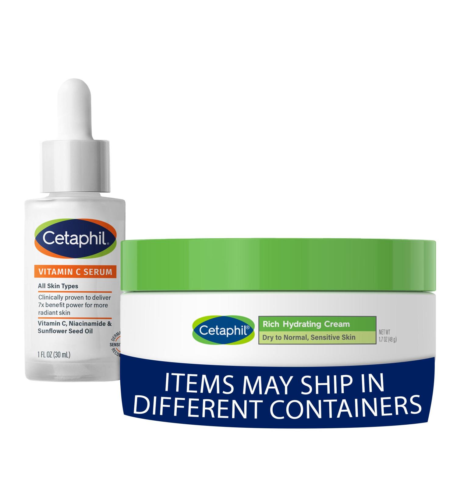 Cetaphil Vitamin C Serum Fragrance Free 1oz + Rich Hydrating Night Cream For Face With Hyaluronic Acid 1.7 oz Moisturizing Cream For Dry To Very Dry Skin No Added Fragrance Bundle