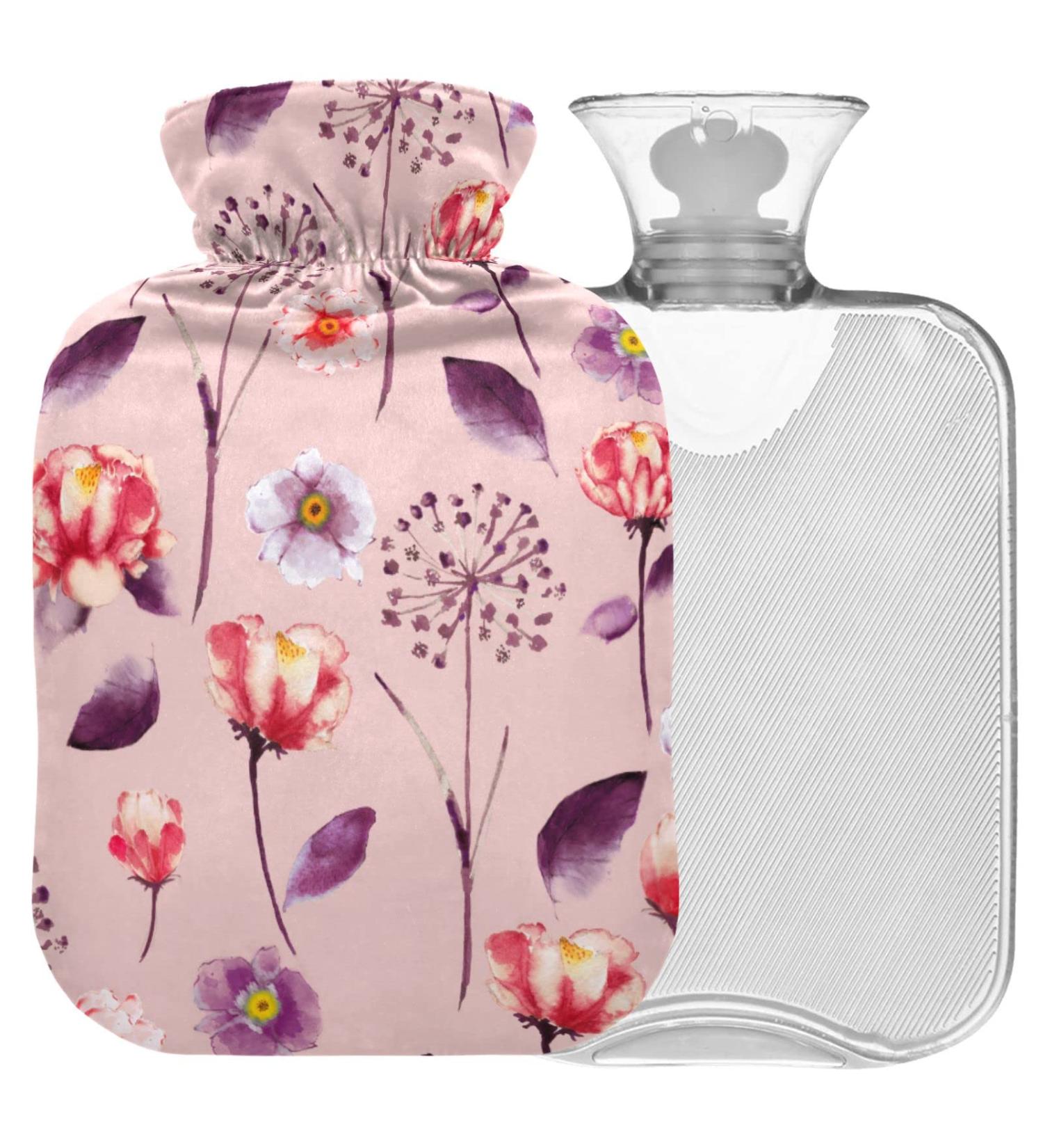 NAANLE 2L Hot Water Bottle with Cover - Watercolor Flowers Pink - Back Pain Relief Hand & Foot Warmer Neck Therapy - Buy Online on GoSupps.com