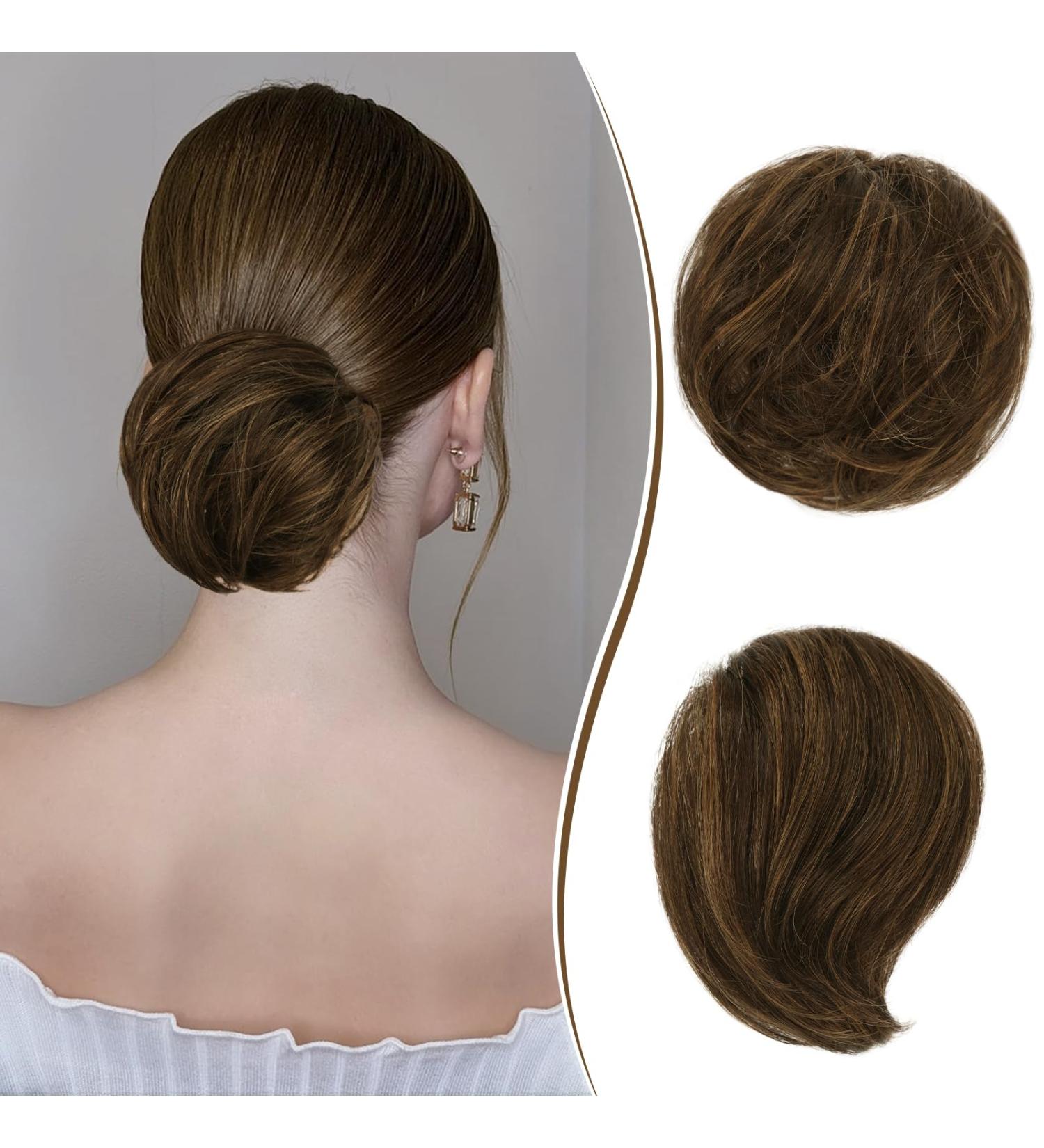 Ruwiss Long Thin Tousled Updo Bun - Real Hair Scrunchy Extension for Women in Golden Chestnut & Light Golden Blonde - 25g Hair Tie - Buy Online on GoSupps.com