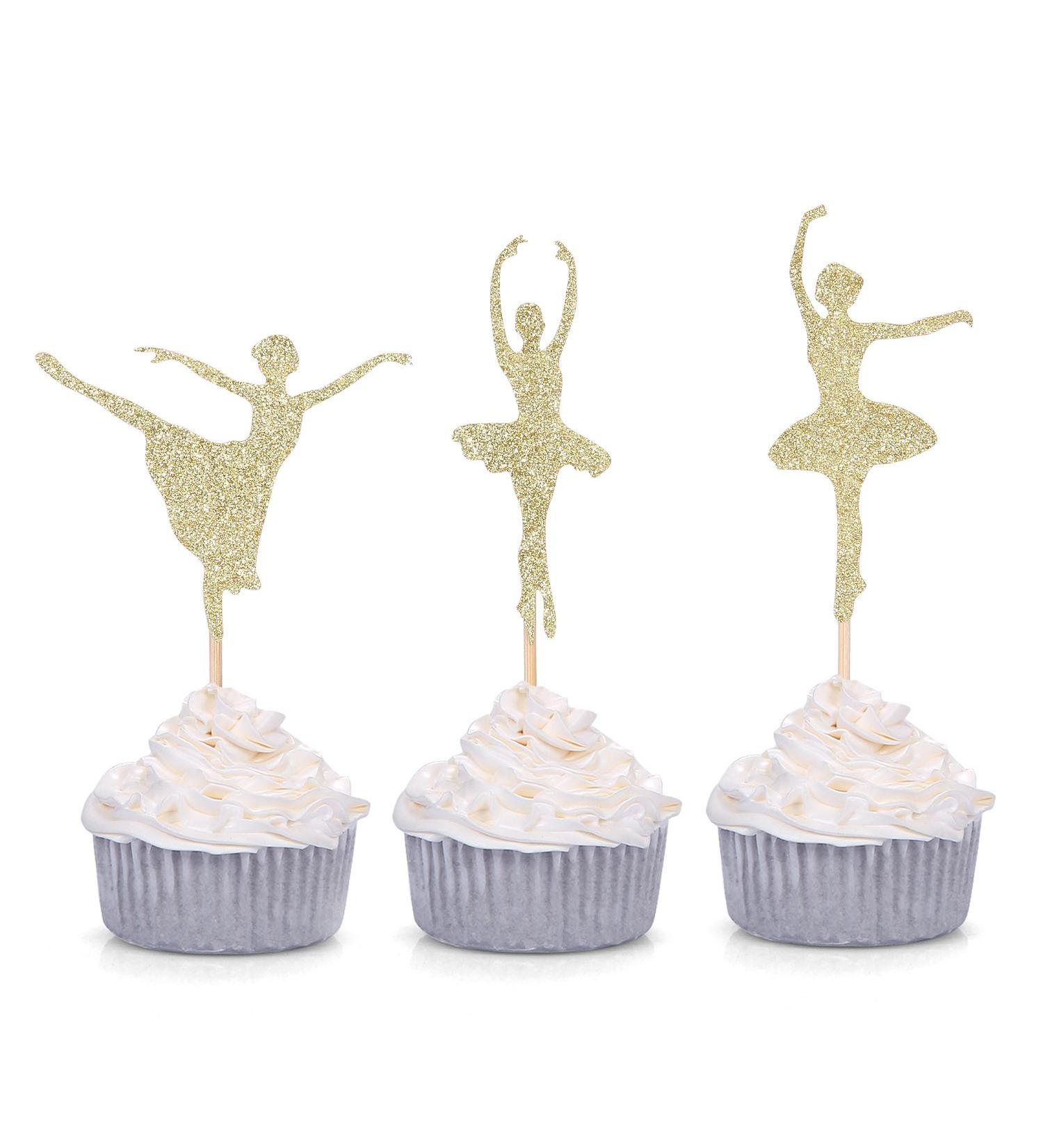 Giuffi 24 CT Gold Glitter Ballerina Cupcake Toppers Ballet Girl Baby Shower Birthday Party Decors