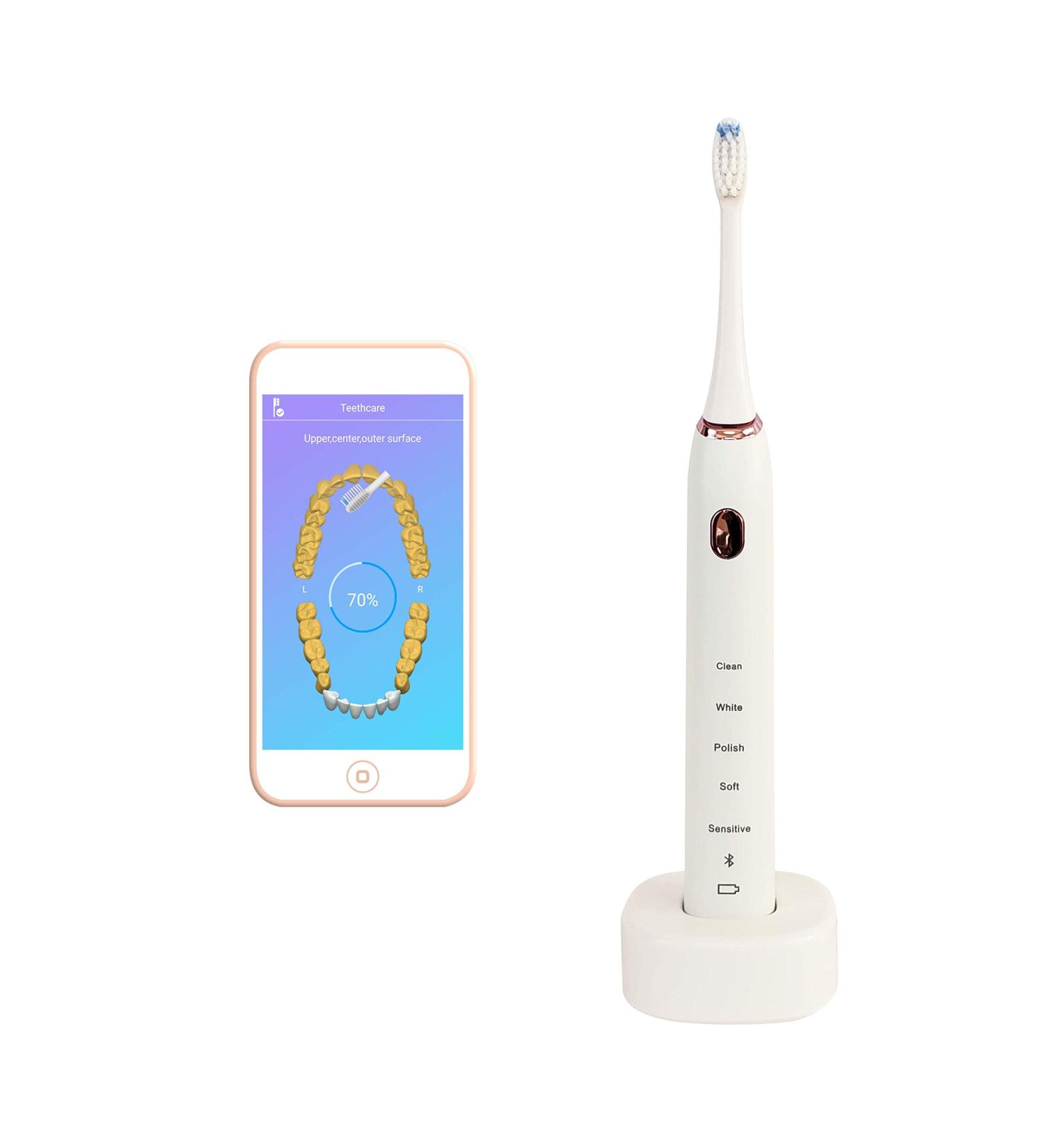 Over The Sea Sonic Bluetooth Toothbrush: 5 Modes, App Control, Smart Timer, Wireless Charging, Portable Power Toothbrush with 2 Replacement Brush Heads (White) - Buy Online on GoSupps.com