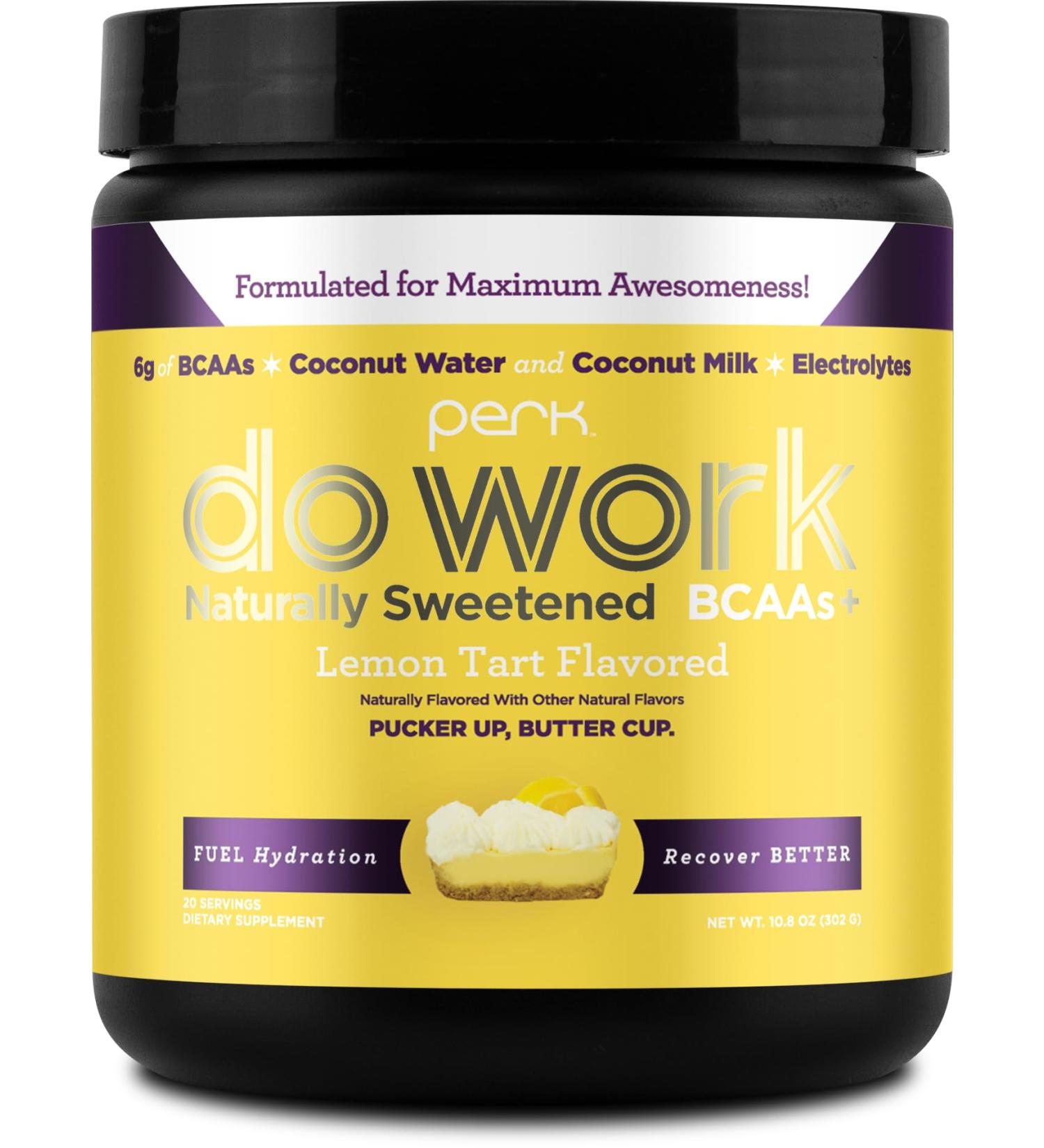 Perk Do Work BCAAs & Hydration Electrolytes Powder - Naturally Sweetened Lemon Tart Flavor 20 Servings with Coconut Water & Milk - International Shipping Available - Buy Online on GoSupps.com