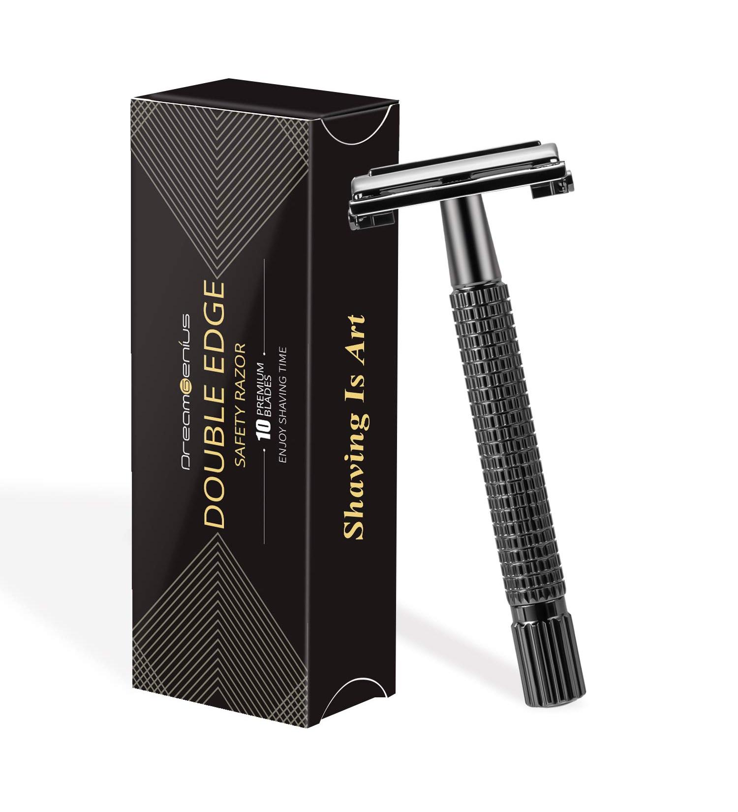 DreamGenius Long Handle Double Edge Safety Razor Set with Butterfly Open Design - Perfect for Men & Women - Includes 10 Stainless Steel Blades - Buy Online on GoSupps.com