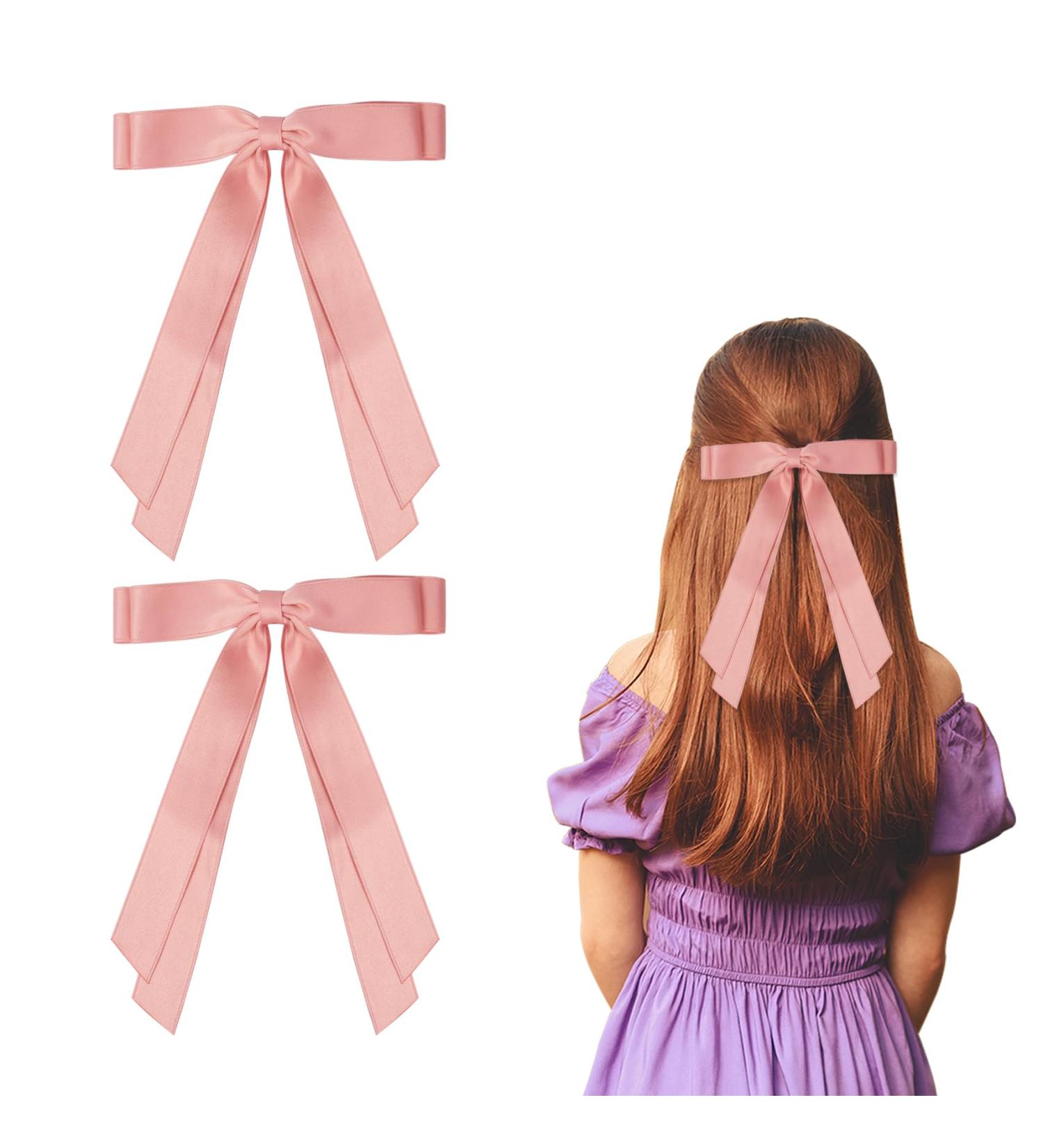 2 Pack Hair Bows for Women Pink Bow Hair Clips French Barrette with Long Silky Satin Hair Ribbons for Women Girls(Pink) - Buy Online on GoSupps.com
