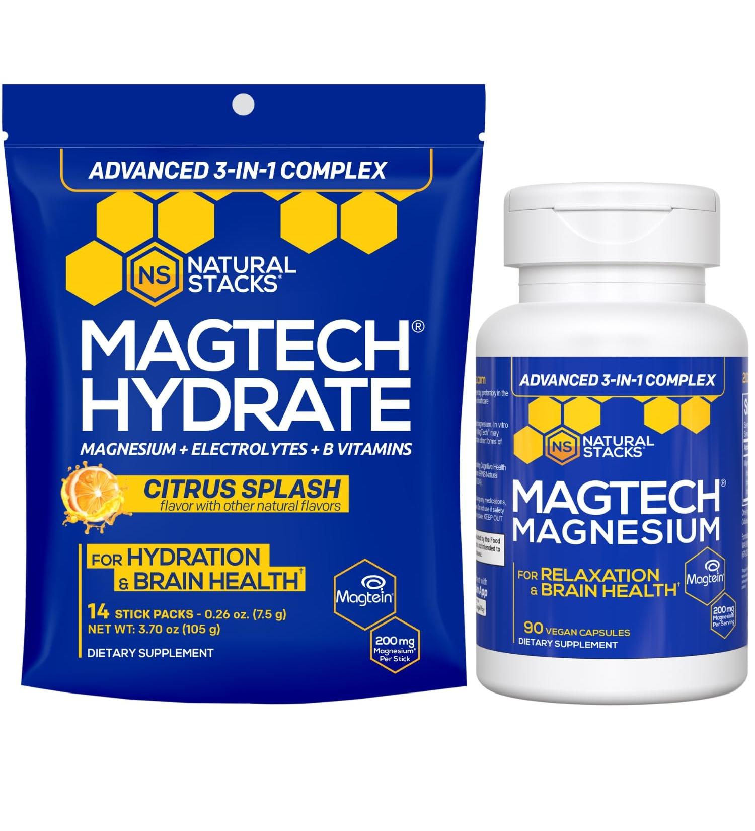 Magtech Magnesium Capsules + Hydration Powder Bundle - 3 Forms of Magnesium - Featuring Magtein L-Threonate - Brain Health & Hydration Support* - 44 Total Servings - Buy Online on GoSupps.com