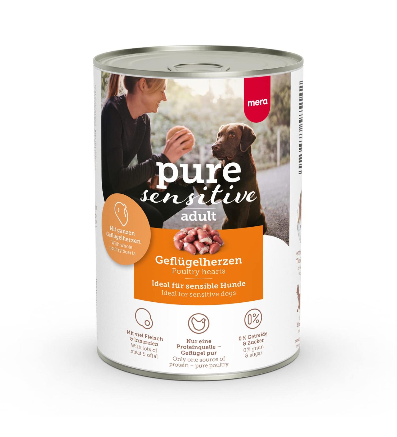 Mera Pure Sensitive Poultry Hearts - Grain-Free Wet Dog Food (6x400g) | High Meat Content | 100% Animal Protein for Sensitive Dogs - Buy Online on GoSupps.com
