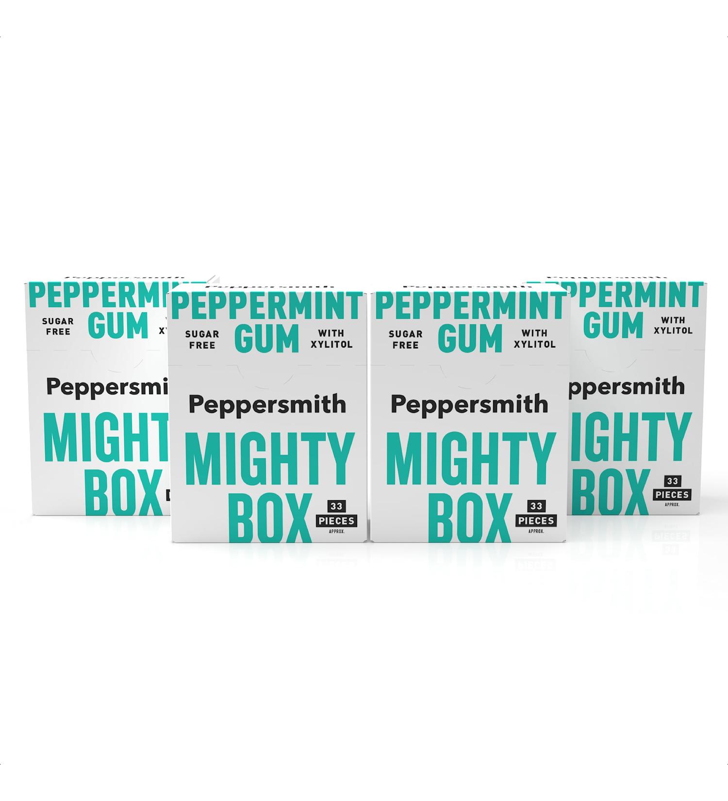 Peppersmith - British Peppermint Gum - 100% Plant Based Xylitol- Breath Freshener - Sugar Free Mints - Benefits Oral Health - Mighty Box - Pack of 4