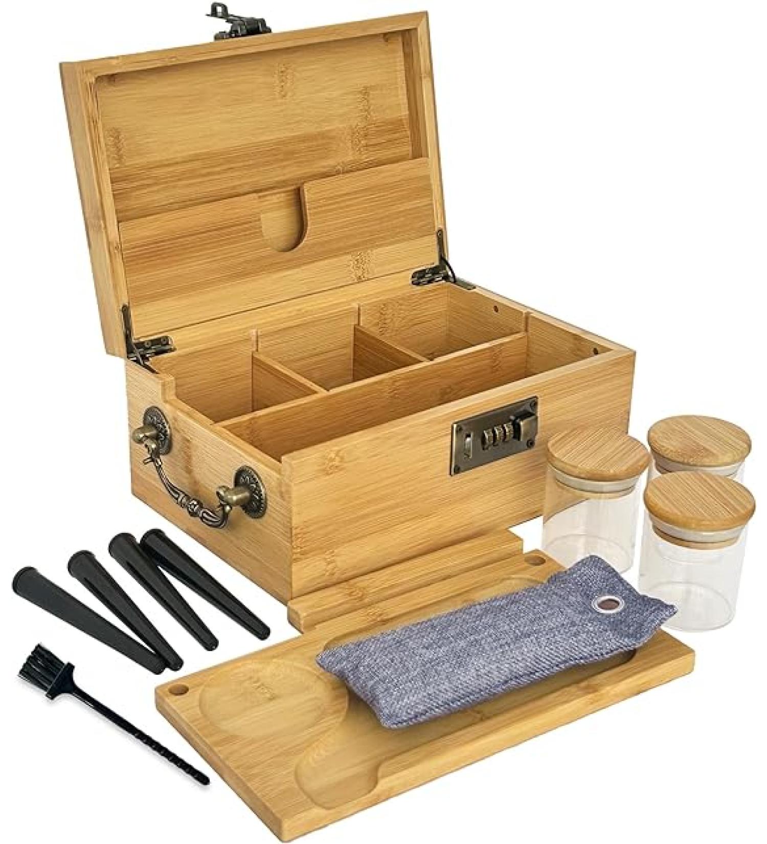 JIABOLANG Bamboo Box with Combination Lock & Accessories - Smell Proof Jars  Rolling Tray  Smell Proof Pouch - Family Organizer Set - Buy Online on GoSupps.com