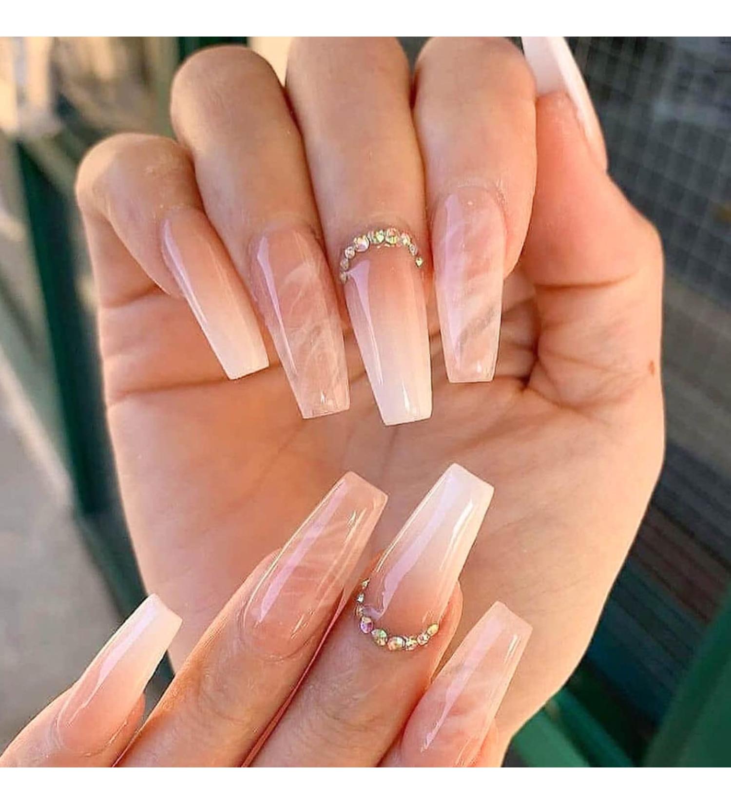 24Pcs Pink Gradient Rhinestone Coffin Press-On Nails - Long Ballerina False Nails for Women and Girls - Buy Online on GoSupps.com