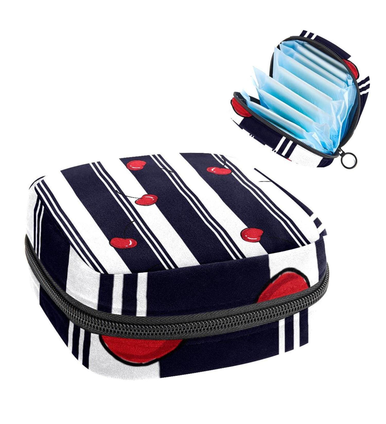 Stylish Women's Period Kit - Cherry Portable Storage Pockets Holder in Black & White Stripes - Buy Online on GoSupps.com