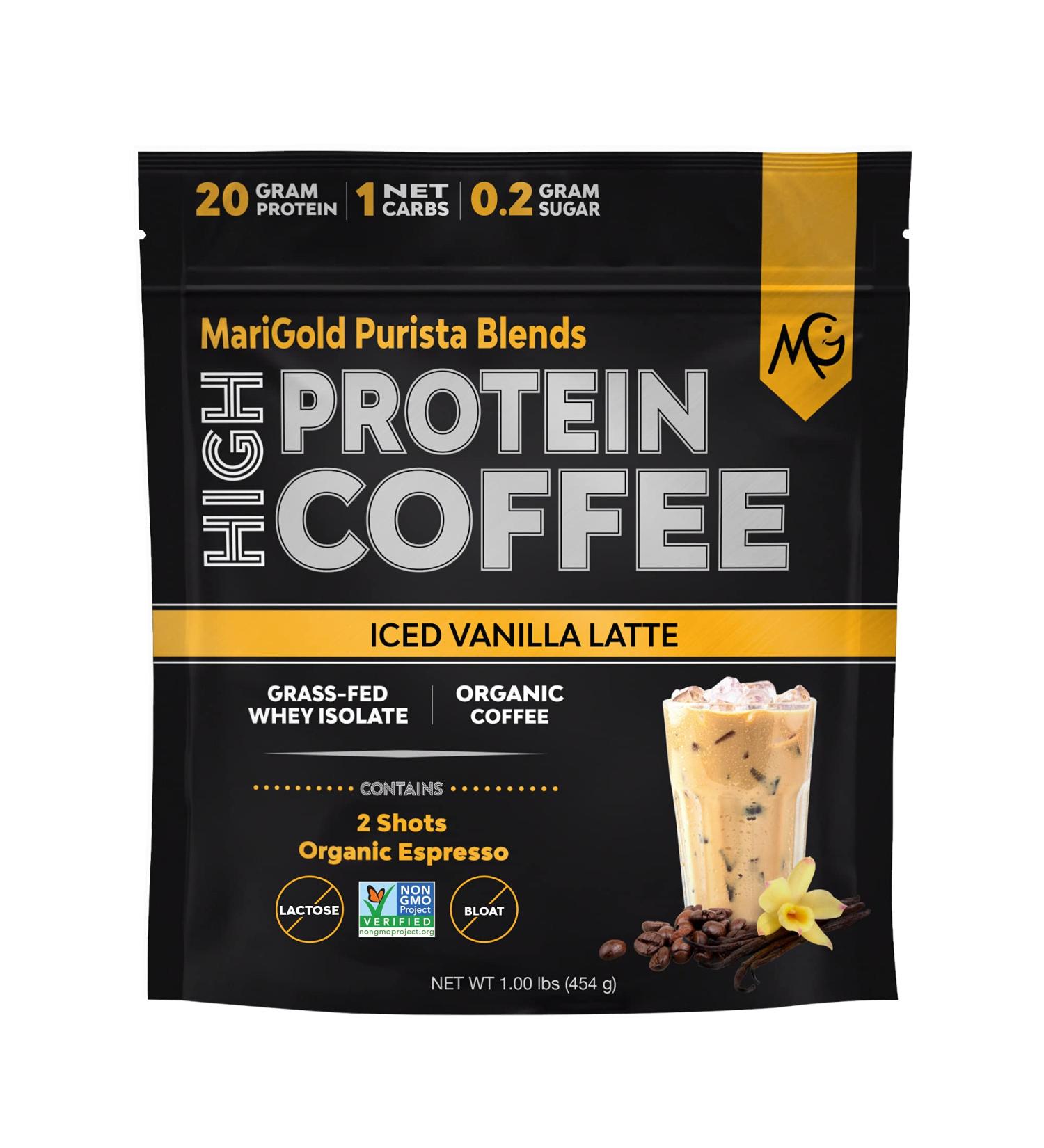 MariGold High Protein Coffee - Iced Vanilla Latte | 20g Grass-Fed Whey Protein Isolate | Energy Boost & Workout Fuel | Non-GMO 1 Net Carb 15 Servings - Buy Online on GoSupps.com