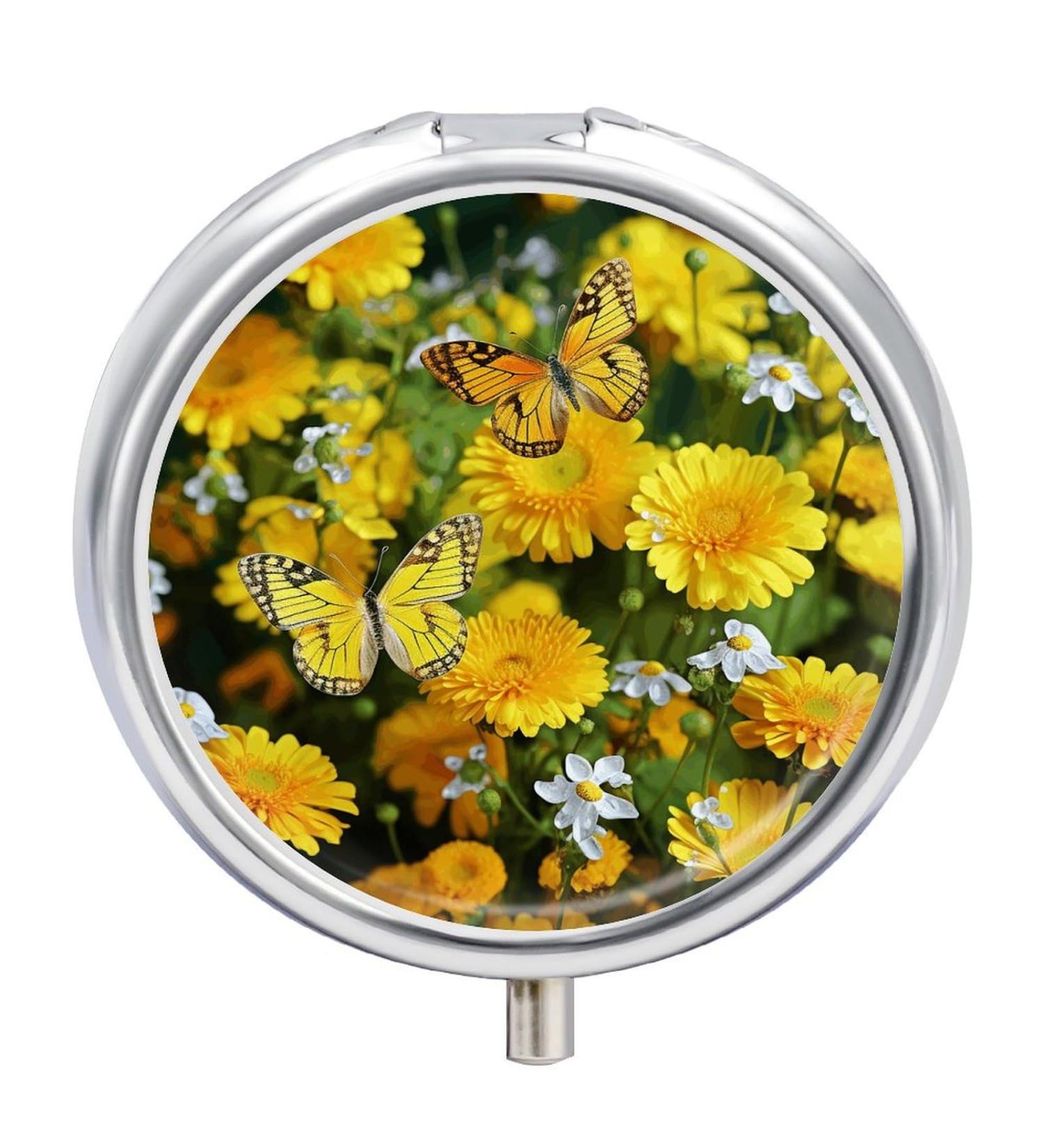 Round Yellow Butterfly & Daisies Pill Box | 3 Compartment Portable Medicine Organizer | Decorative Metal Pocket Pill Case - Style 5 - Buy Online on GoSupps.com