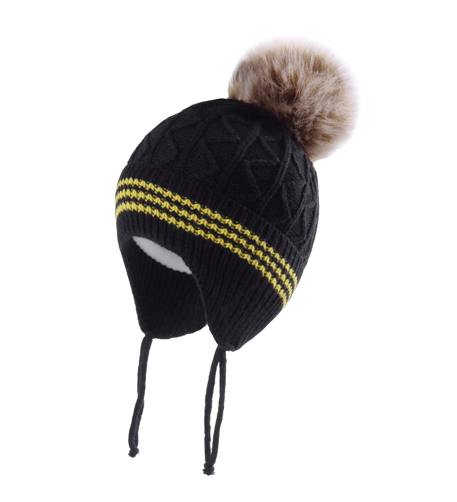 LANGZHEN Toddler Winter Hat | Earflap Knit Beanie for Baby Boys Girls 1-2 Years | Fleece Lined & Warm | Black Pompon - Buy Online on GoSupps.com