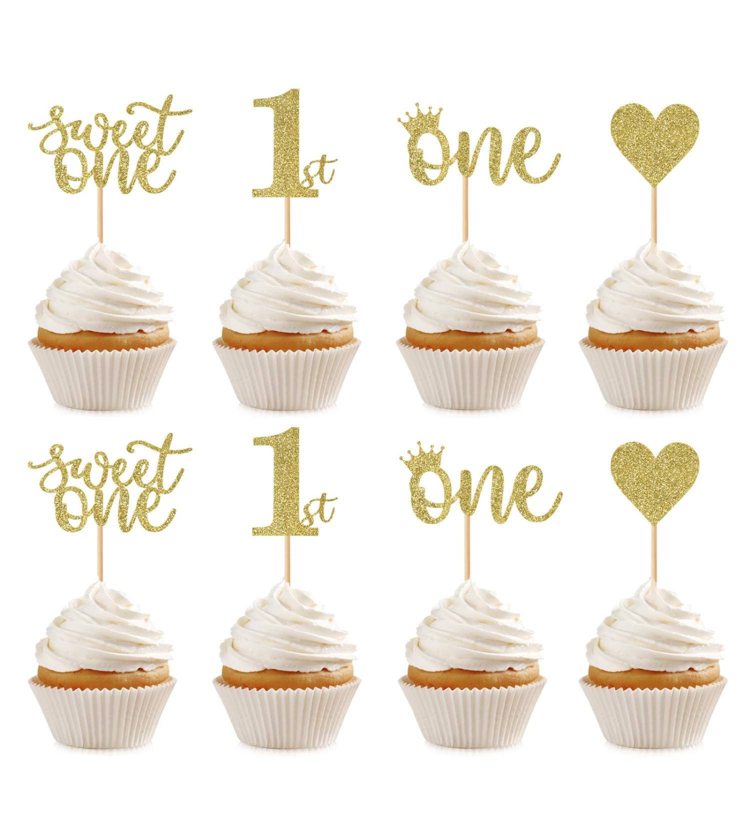 24 PCS 1st Birthday Cupcake Toppers Glitter Sweet One Cupcake Picks for First Birthday Party Baby Shower Cupcake Decorations Supplies Gold - Buy Online on GoSupps.com
