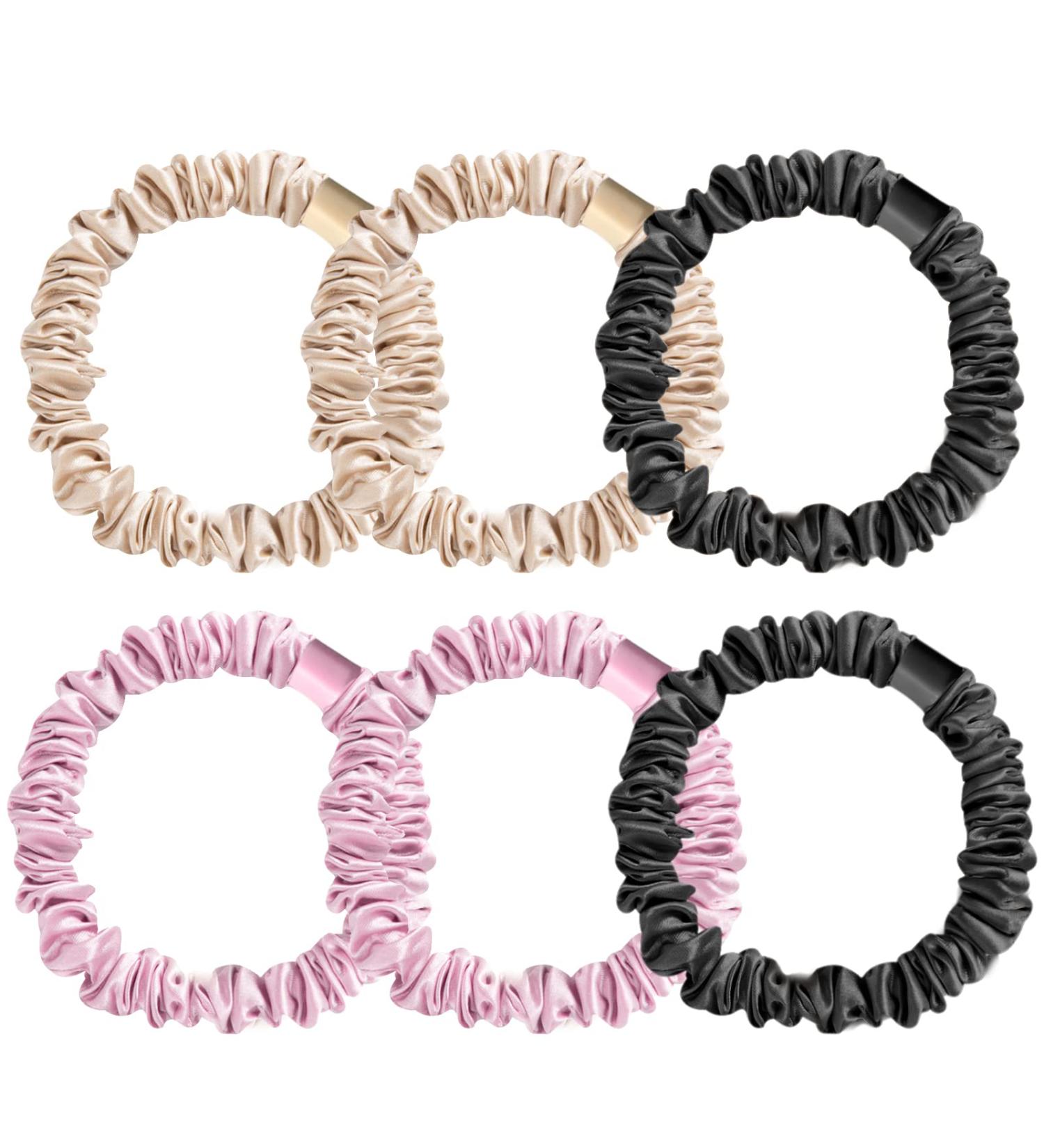 6 Pcs Silk Skinnie Scrunchies Set in Black, Pink, and Nude | Soft & Comfortable Hair Accessories for Women and Girls - Frizz Prevention and Ponytail Holders - Buy Online on GoSupps.com