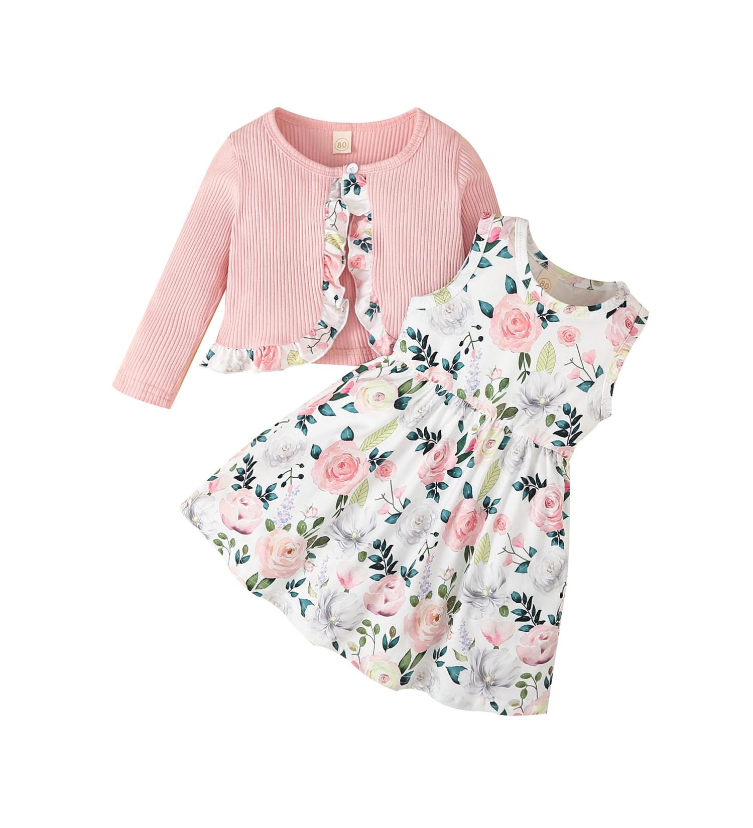 Puseky Toddler Baby Girls Floral Print Dress & Cardigan Set 12-18 Months - Pink - Buy Online on GoSupps.com