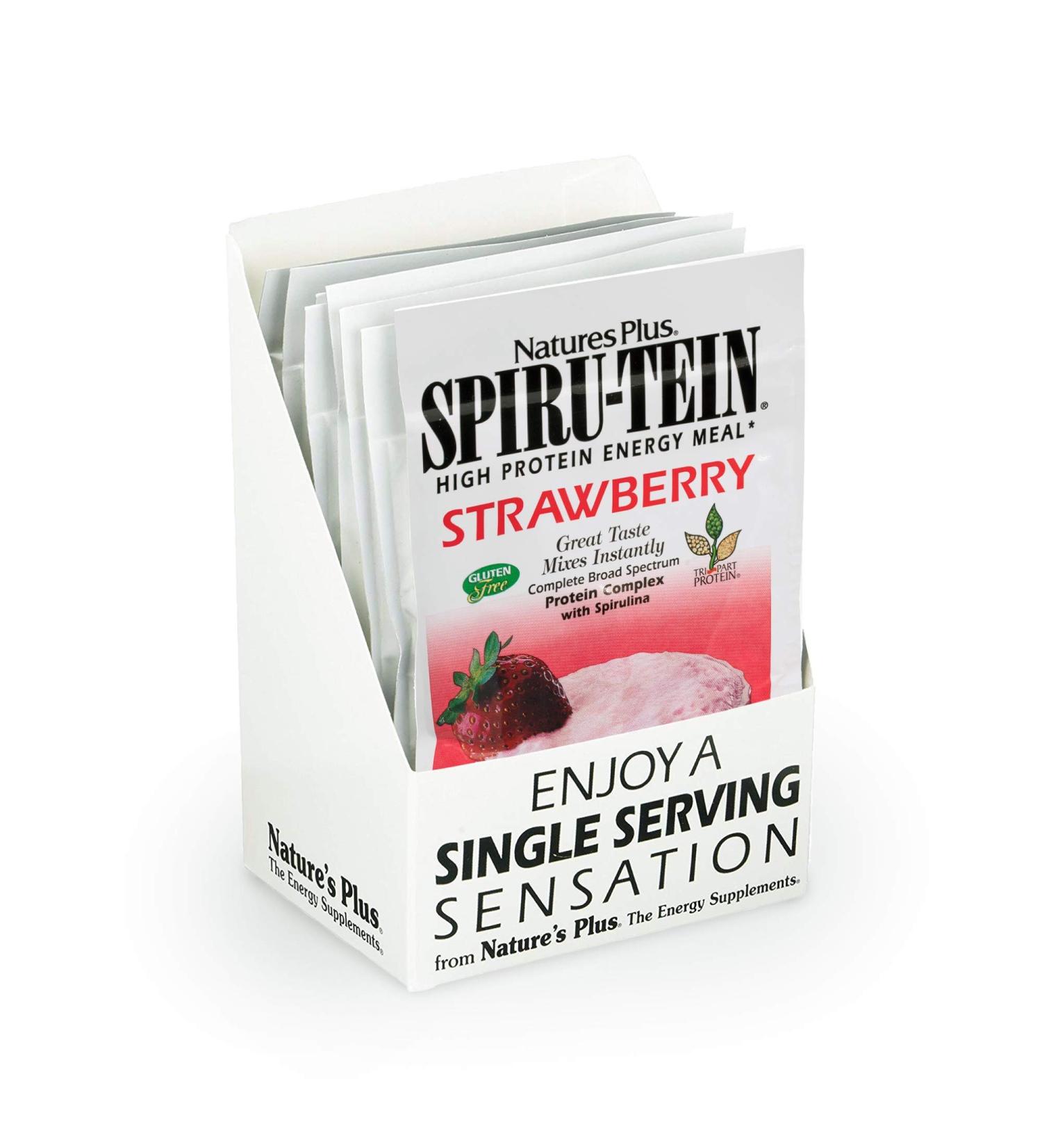 NaturesPlus SPIRU-TEIN Protein Powder Meal - Strawberry - 8 Packets - Plant-Based Protein Shake - Non-GMO Vegetarian Gluten Free - 8 Servings - Buy Online on GoSupps.com