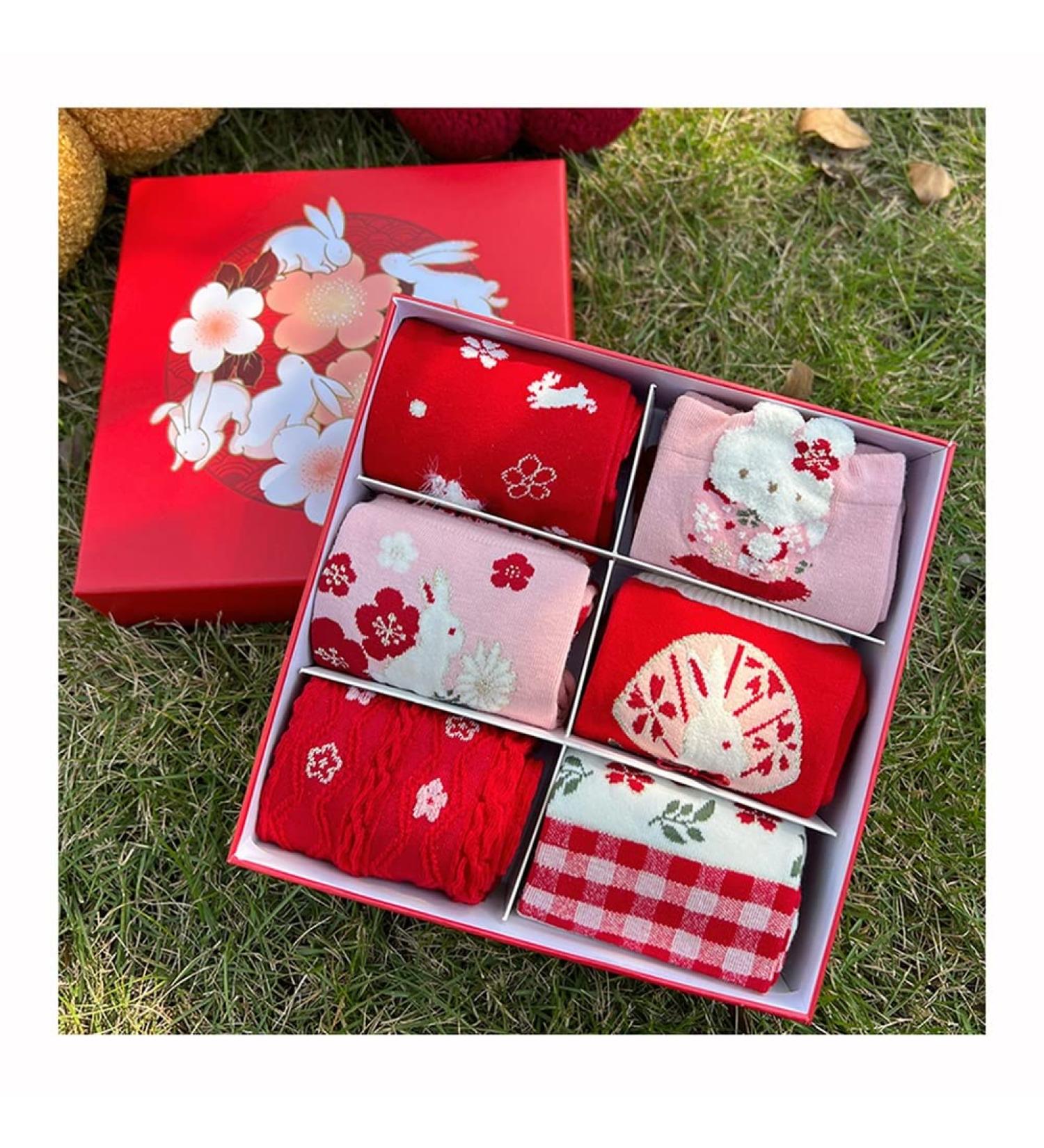 Chinese Spring Festival Zodiac Rabbit Lucky Socks - 6 Pairs Gift Box Set 34-40 Red - Buy Online on GoSupps.com
