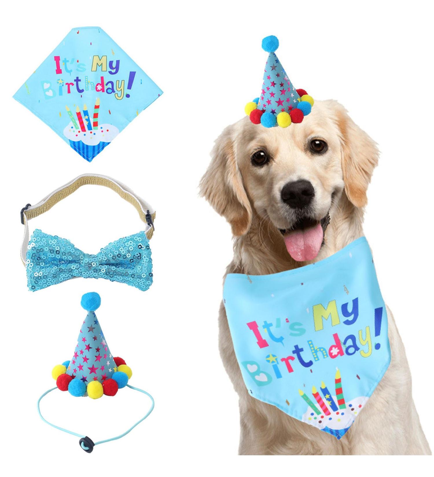 Dog Birthday Bandana Dog Birthday Party Supplies Dog Birthday Bandana Set with Cute Doggie Birthday Party Hat And Bow Tie for Small Medium Large Dogs Pets (Light Blue) - Buy Online on GoSupps.com