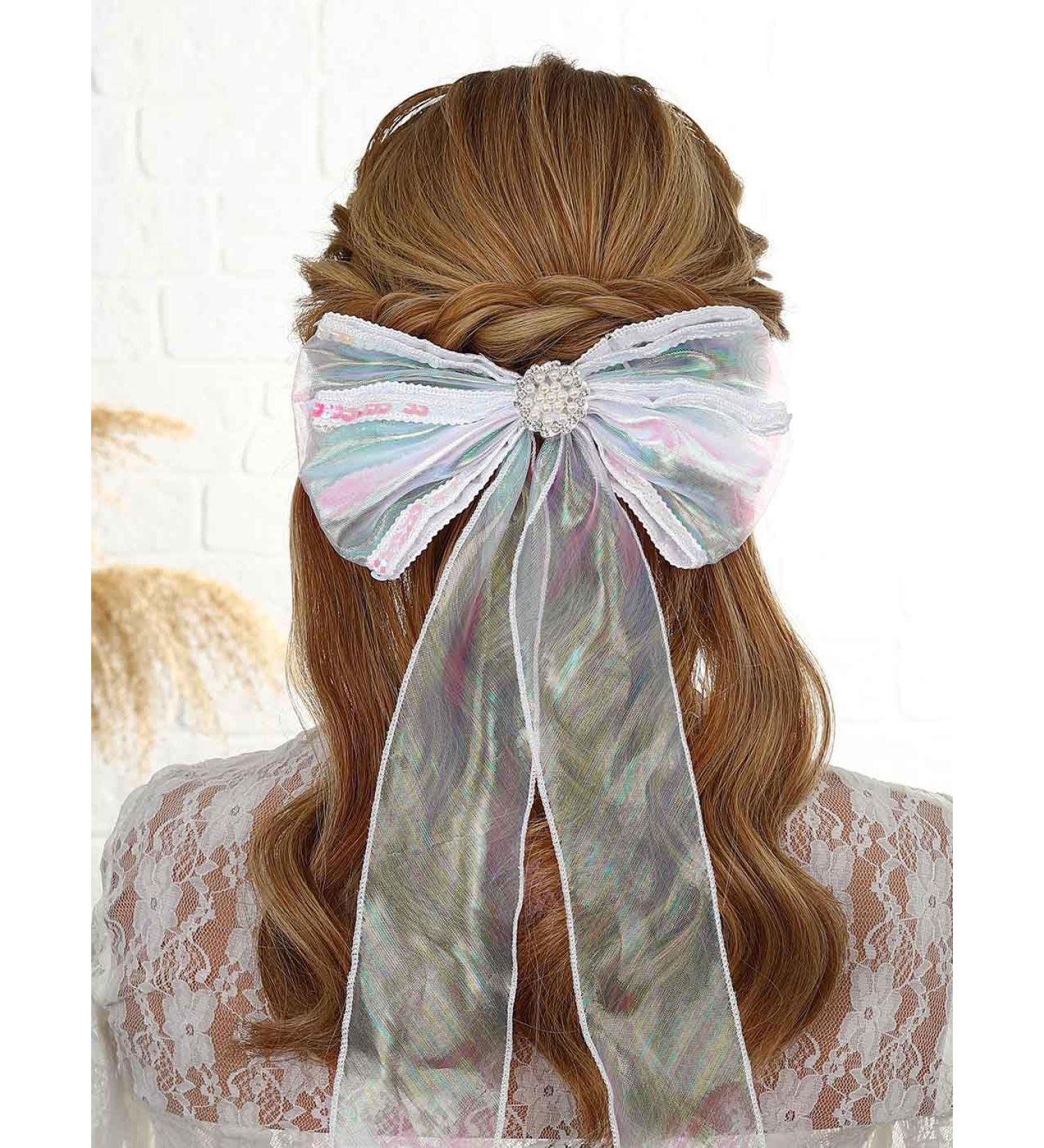 Vakkery Bridal Hair Bow Veil Organza Bow Hair Clip with Sequins Wedding Bachelorette Party Decoration Hair Accessories for Women - Buy Online on GoSupps.com