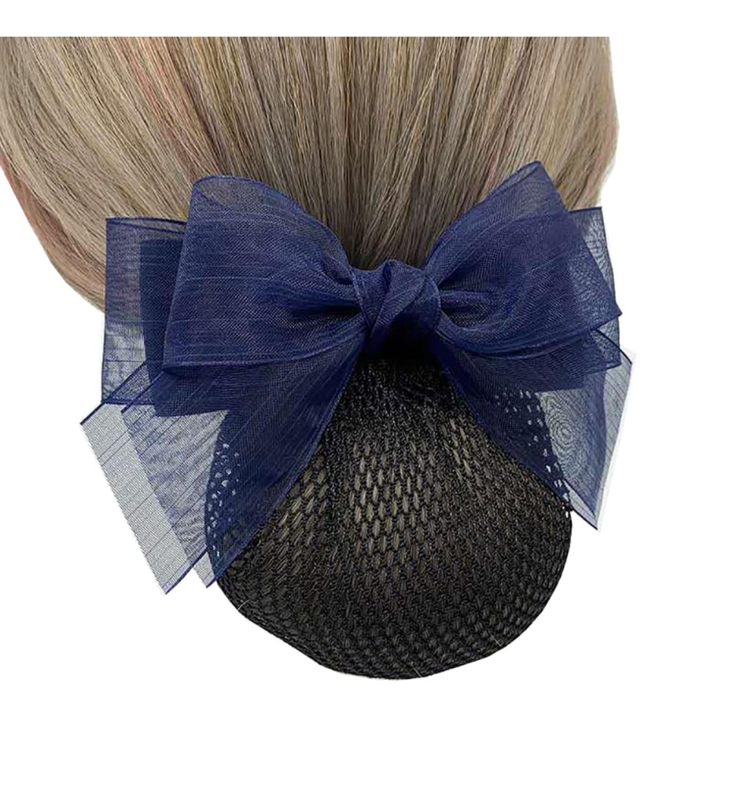 UUYYEO Hair Snood Net Barrette Mesh Clip Hairnet Bun Cover Bow Headdress Hair Accessories for Lady Women Blue