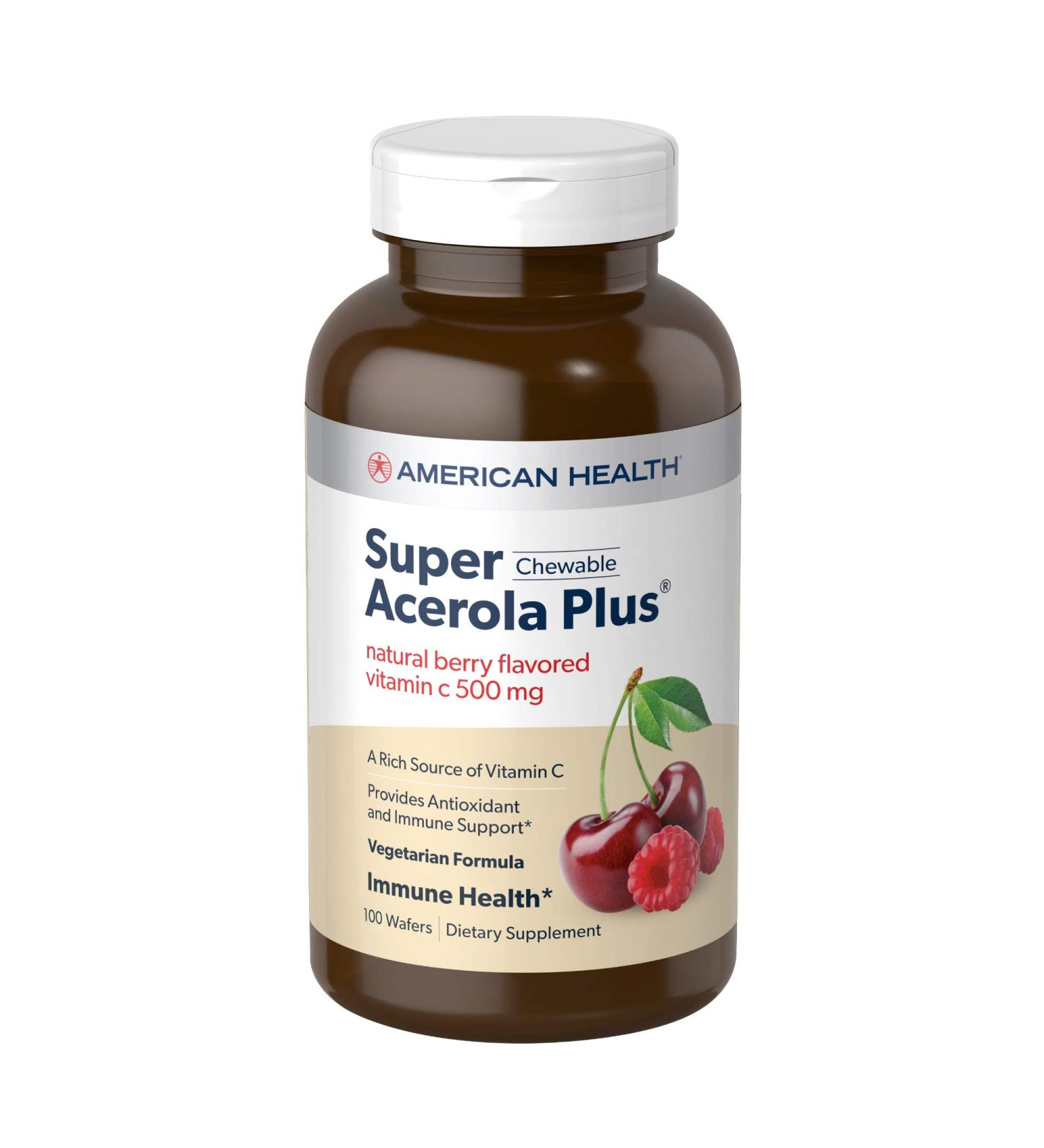 American Health Super Acerola Plus Chewable Wafers - Natural Berry Flavored Vitamin C - Antioxidant & Immune Support - 500mg - Gluten-Free & Vegetarian - 100 Servings - Buy Online on GoSupps.com