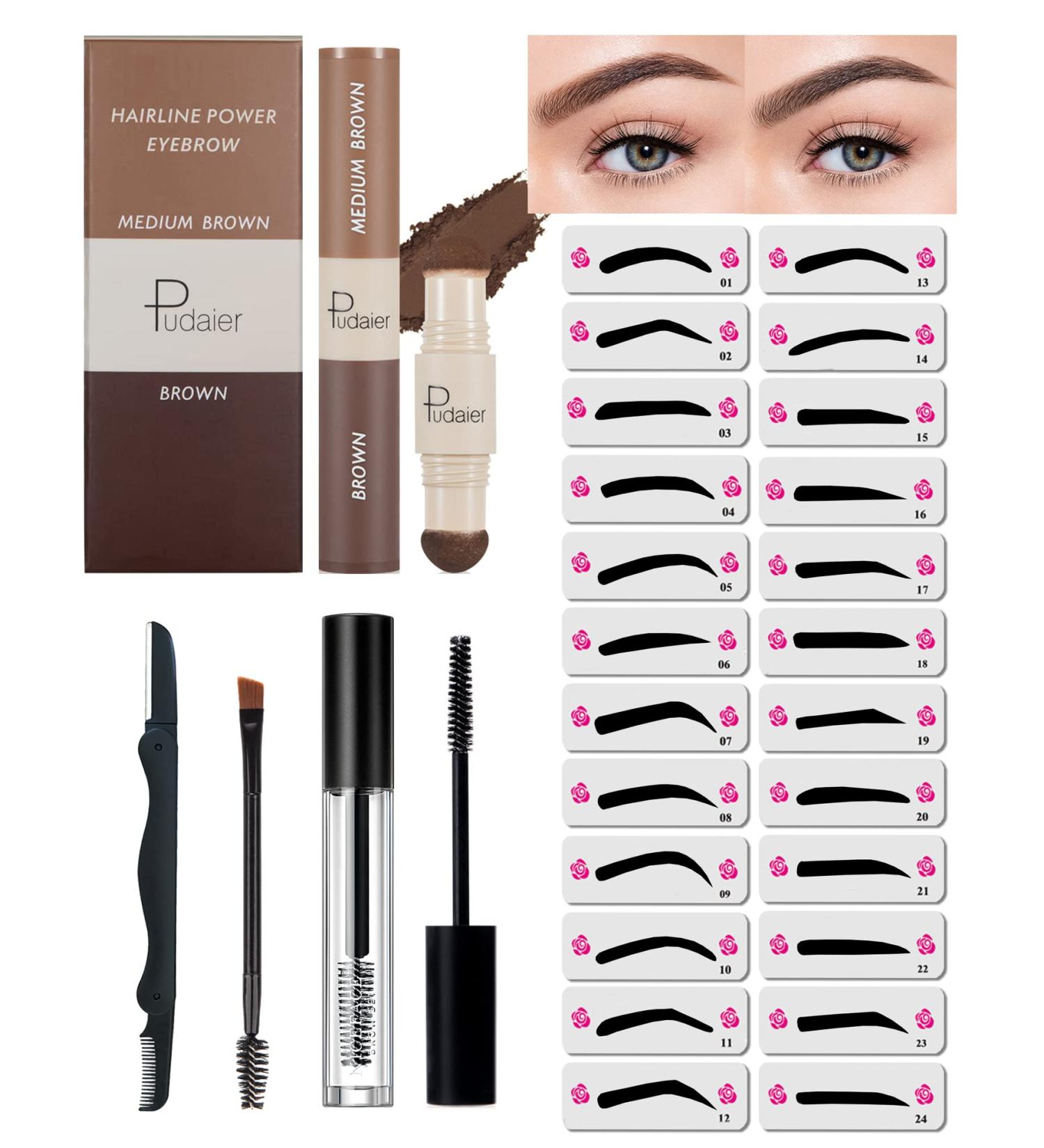 Eyebrow Stamp Stencil Kit - Waterproof One-Step Brow Makeup Set with 24 Stencils Gel Brush & Razor | Long Lasting Medium Brown & Brown Colors - Buy Online on GoSupps.com