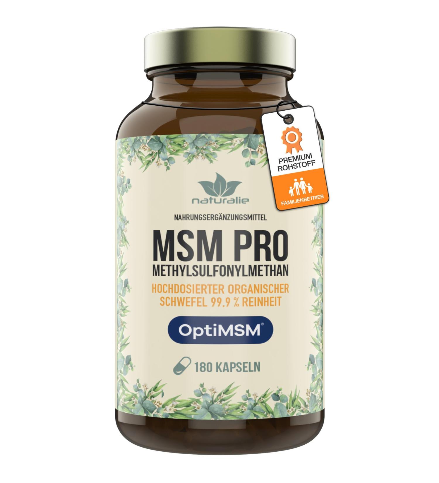 naturalie MSM PRO - 1.7 g of pure methylsulfonylmethane per daily dose - 99.9% purity thanks to OptiMSM distillation - No unnecessary additives - 180 capsules in a BPA-free brown glass - Buy Online on GoSupps.com