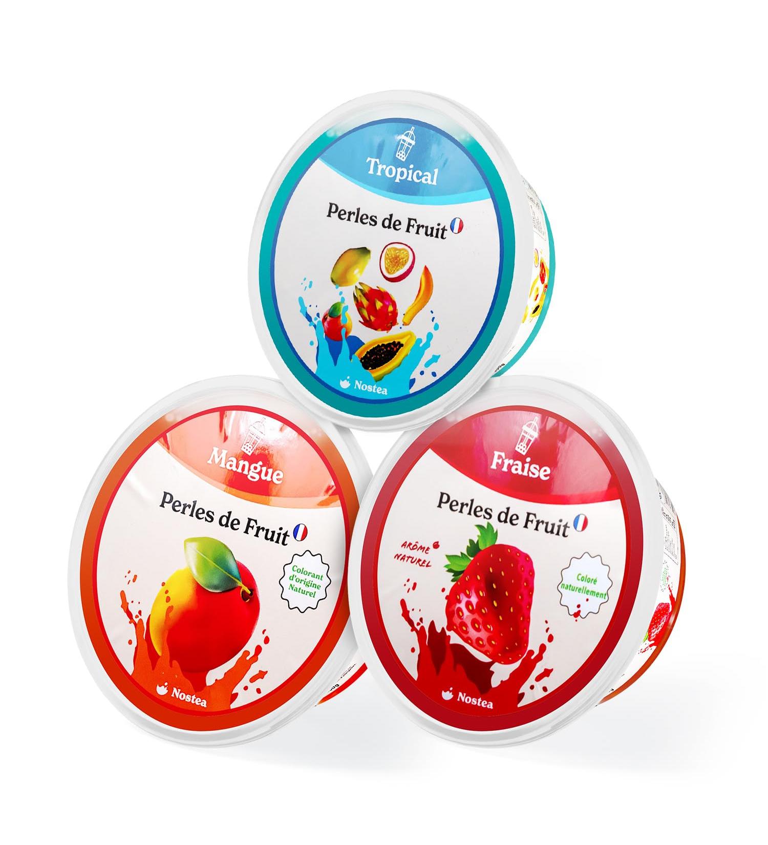 Nostea - Set of 3 Pots Tropical Bubble Tea Pearls Mango Strawberry - Popping Boba Gluten Free - Fruit Juice Pearls for Tea Drinks - Made in France - 3x 450 gr - Buy Online on GoSupps.com