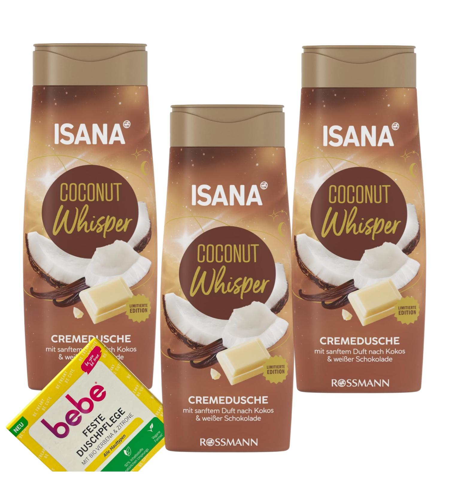 ISANA Shower gel cream shower coconut whisper + 1 Bebe solid shower care 3 x 300 ml scent of coconut and white chocolate pack of 3
