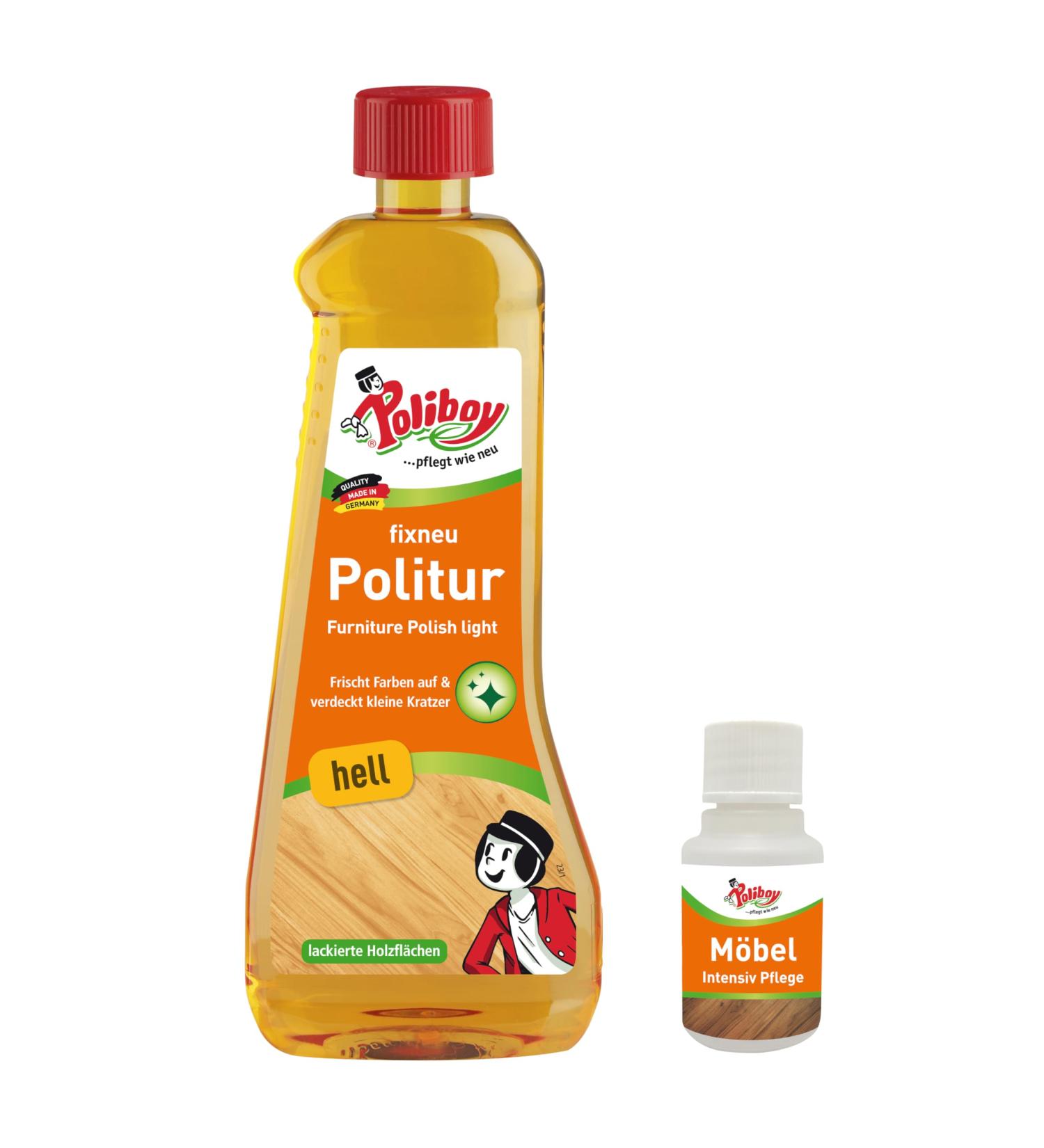 Poliboy Fix Neu Politur Hell - 500ml Furniture Polish for Bright Lacquered Wood | Refreshing Wood Polish | Includes Product Sample - Buy Online on GoSupps.com
