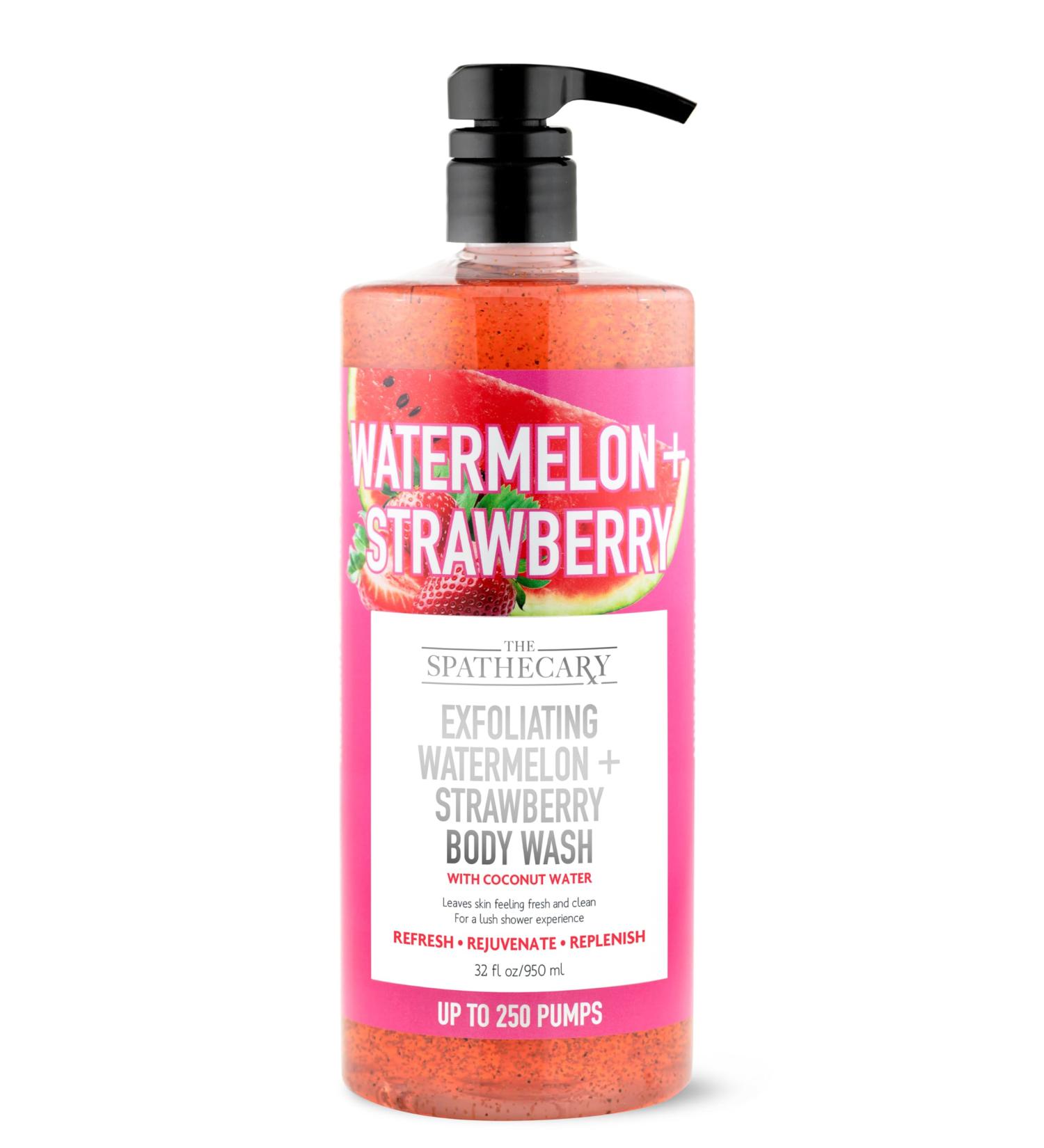 Exfoliating Watermelon + Strawberry Body Wash with Coconut Body Scrub to Refresh Rejuvente Replenish Skin Nourishing Body Care for Women and Men Cruelty Free 32 oz
